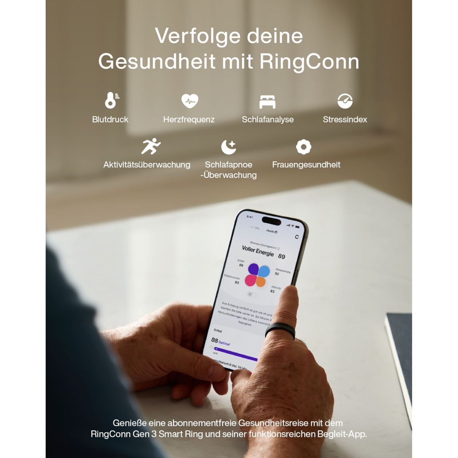 RingConn Smart Ring »Gen3 - smarter Begleiter für Gesundheit, Fitness und Regeneration« bis zu 14 Tage Akku • Gratis-App ohne Abo • Vibrationsfunktion