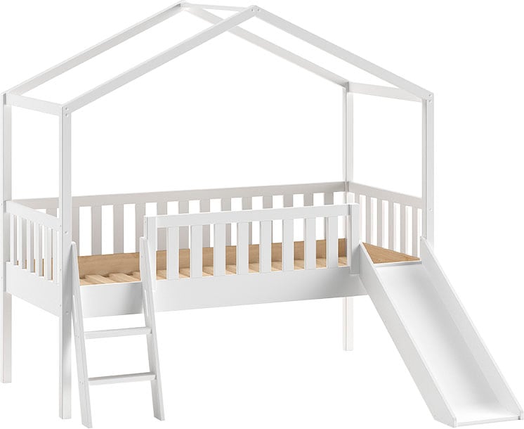 Vipack Hausbett »Kiefer massiv weiß lackiert, Made in Europe, stabil gebaut«, (B/H/T ca. 213x201,8cm, wahlweise mit und ohne Rutsche), mit Leiter, offenem Dach, Rolllattenrost und Absturzschutz