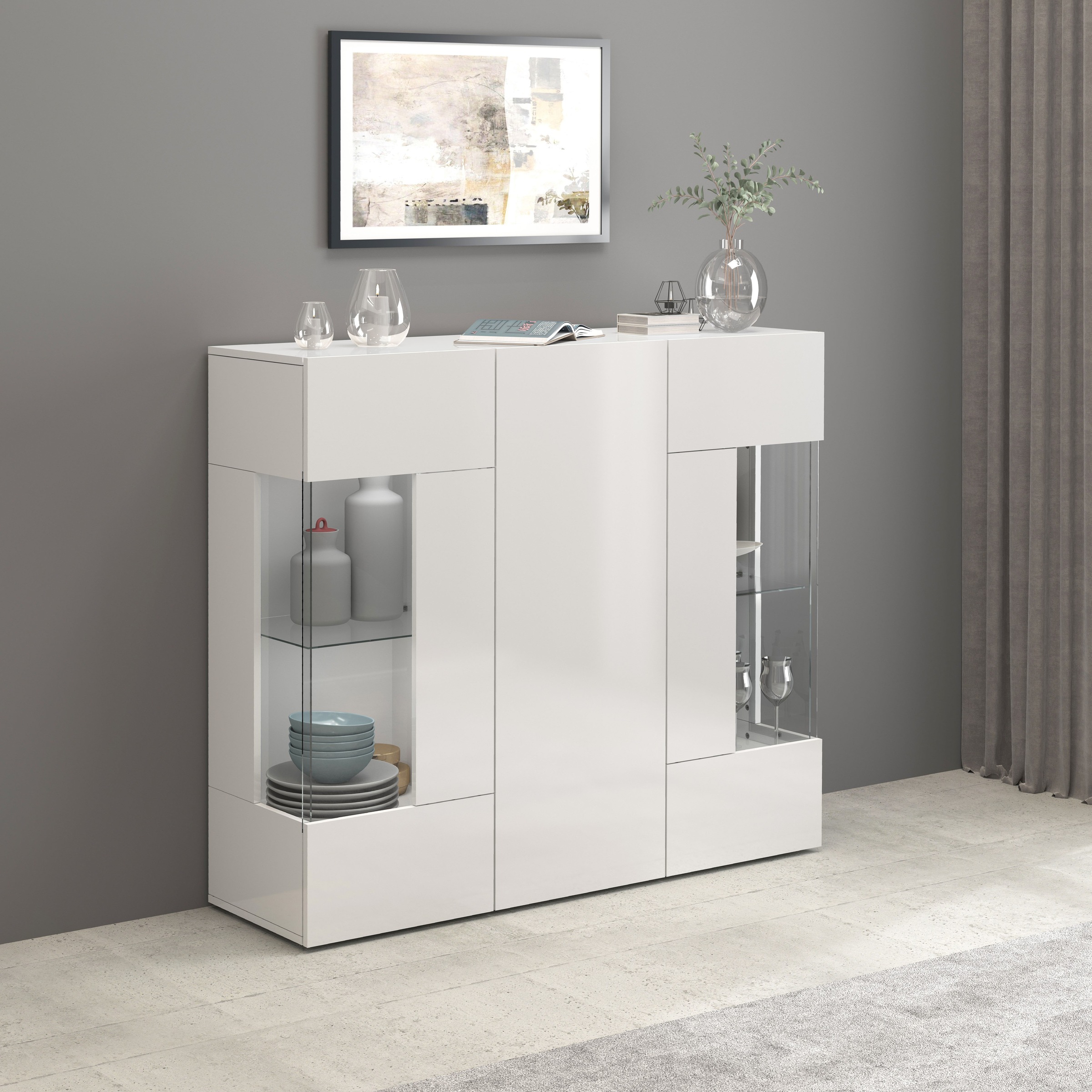 INOSIGN Highboard »Egypt, Highboard, Hochschrank, Hochkommode, Vitrine«, mit 3 Türen davon 2 mit Glaseinsatz,kompl. Hochglanz lack.,Breite 135