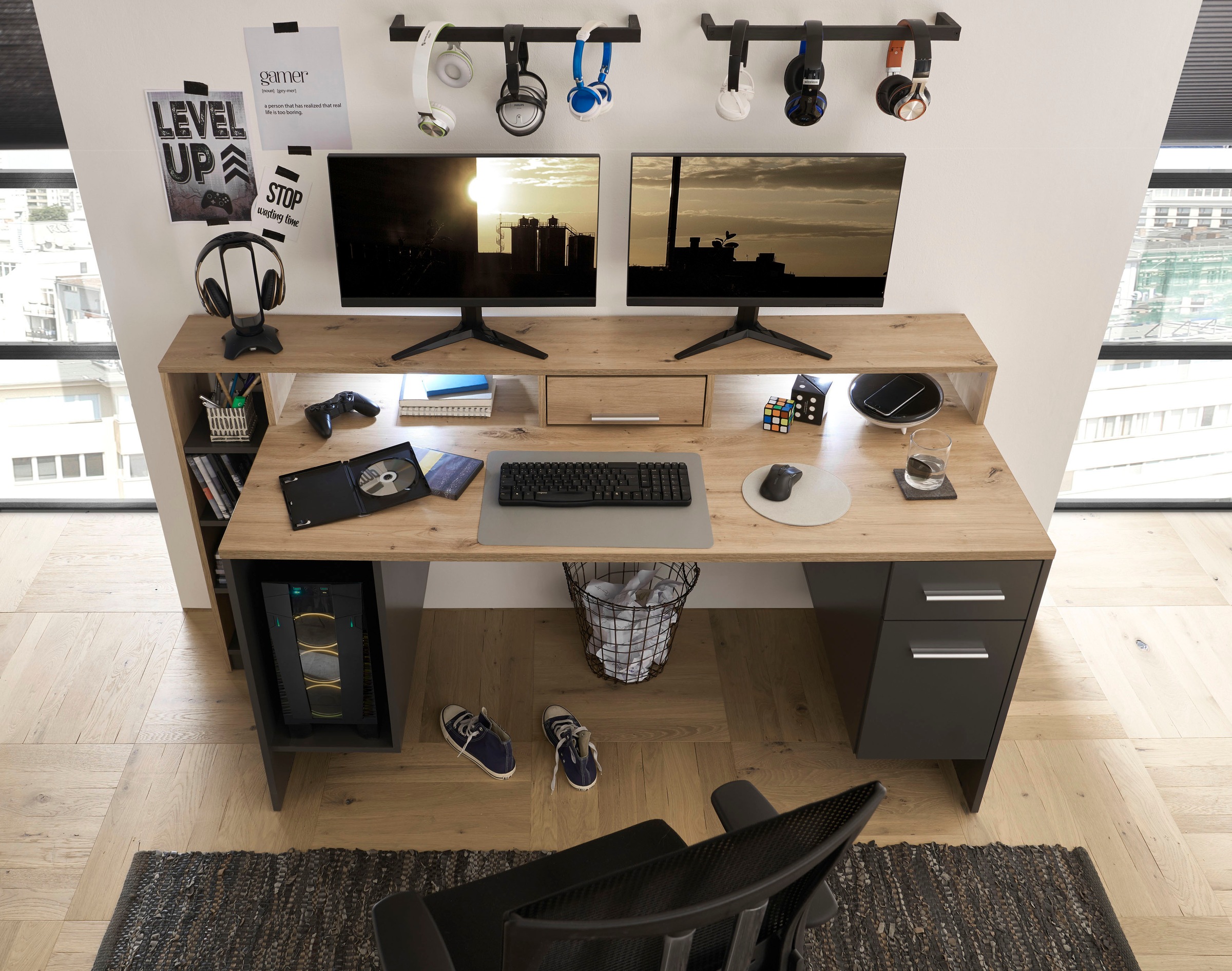 BEGA OFFICE Gamingtisch »Highscore 4«, Grau inkl. LED Beleuchtung, Computertisch mit Desktopfach