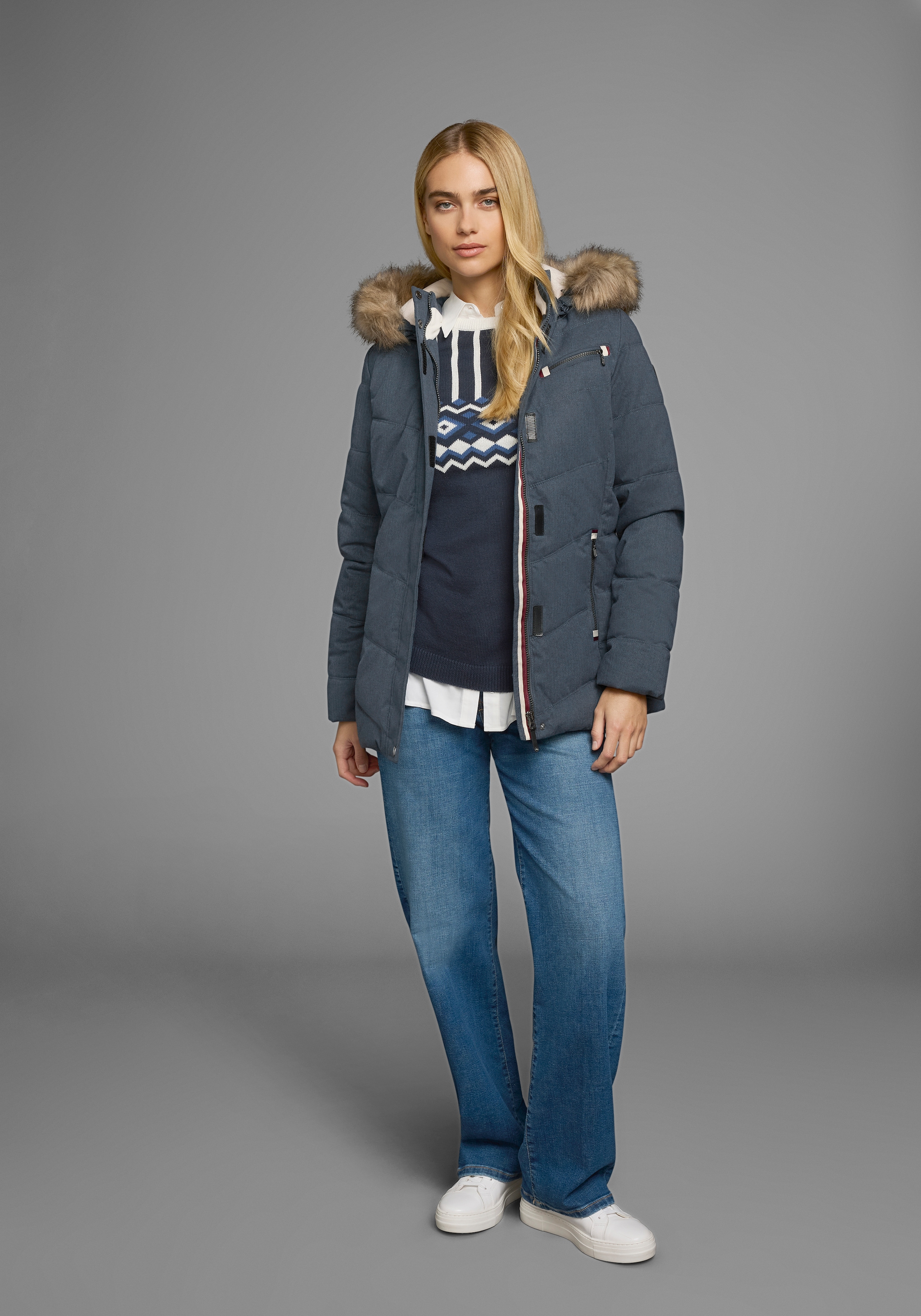 Polarino Steppjacke mit Kapuze mit abnehmbarer Kapuze,  mit Fellimitat,  viele Taschen
