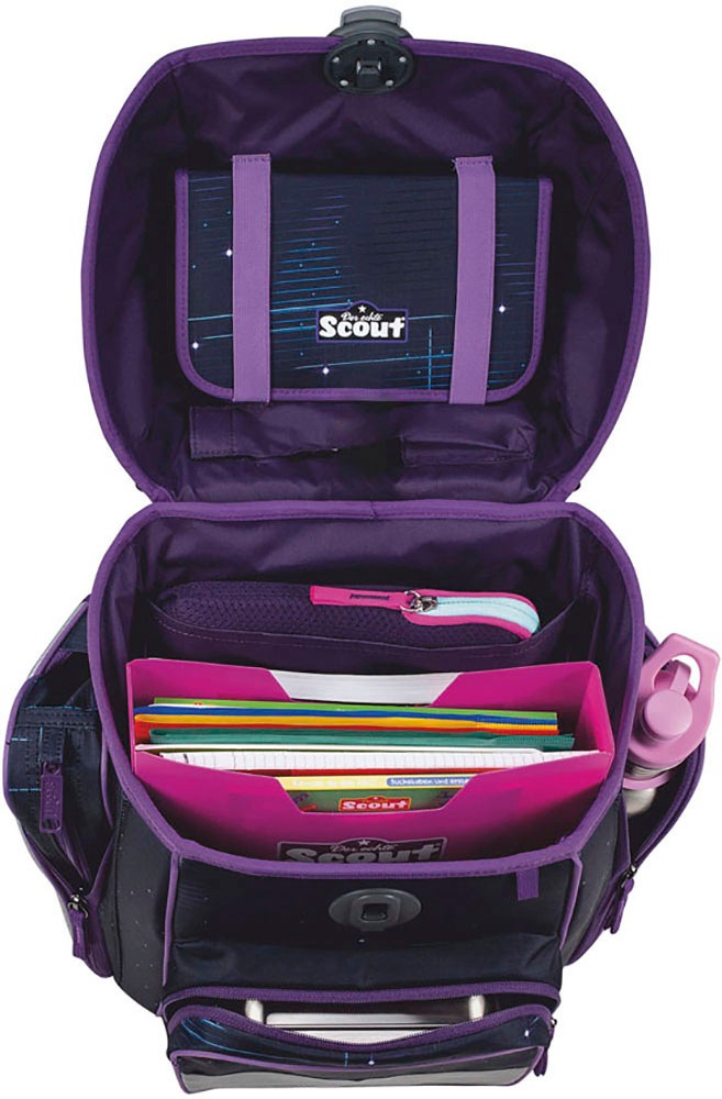 Scout Schulranzen »Genius Safety Light, mit LED-Lichtleiter, Spooky Starlight«, Retroreflektierende Flächen-LED-Lichtleiter, mit Powerbank; enthält recyceltes Material