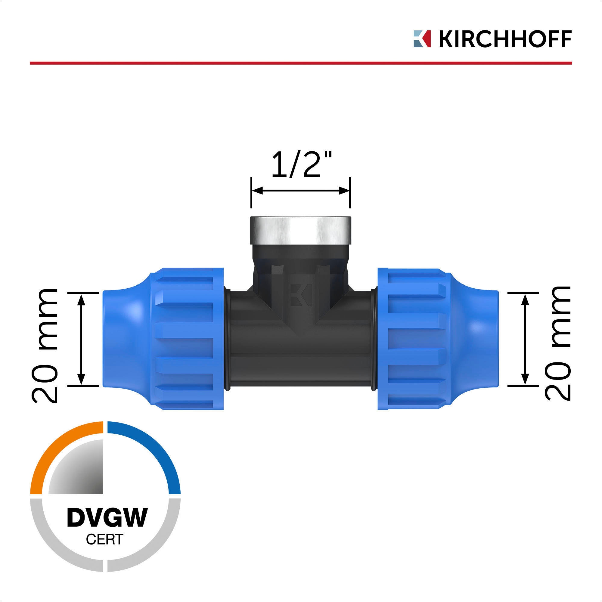 Kirchhoff T-Stück, für HDPE Rohr, 20 mm x 1/2" IG x 20 mm