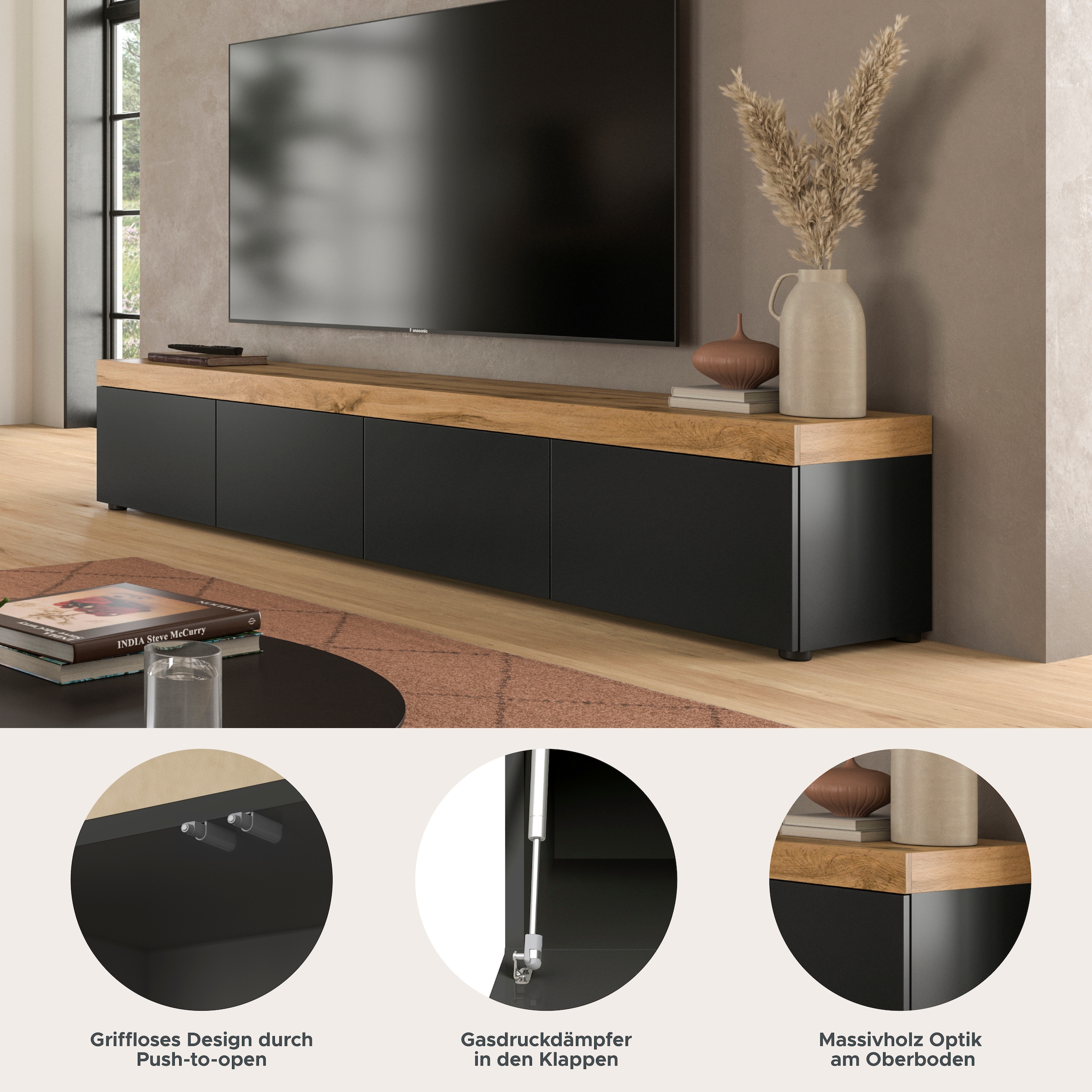 OTTO home Lowboard »MAMBO, Breite 200cm, 4 Klappen, stehend oder hängend« 2 farbige Ausführung, in verschiedenen Farben erhältlich, 1 Stk. tlg. Lowboard, TV Unterschrank, Tv-Schrank, Wohnzimmer