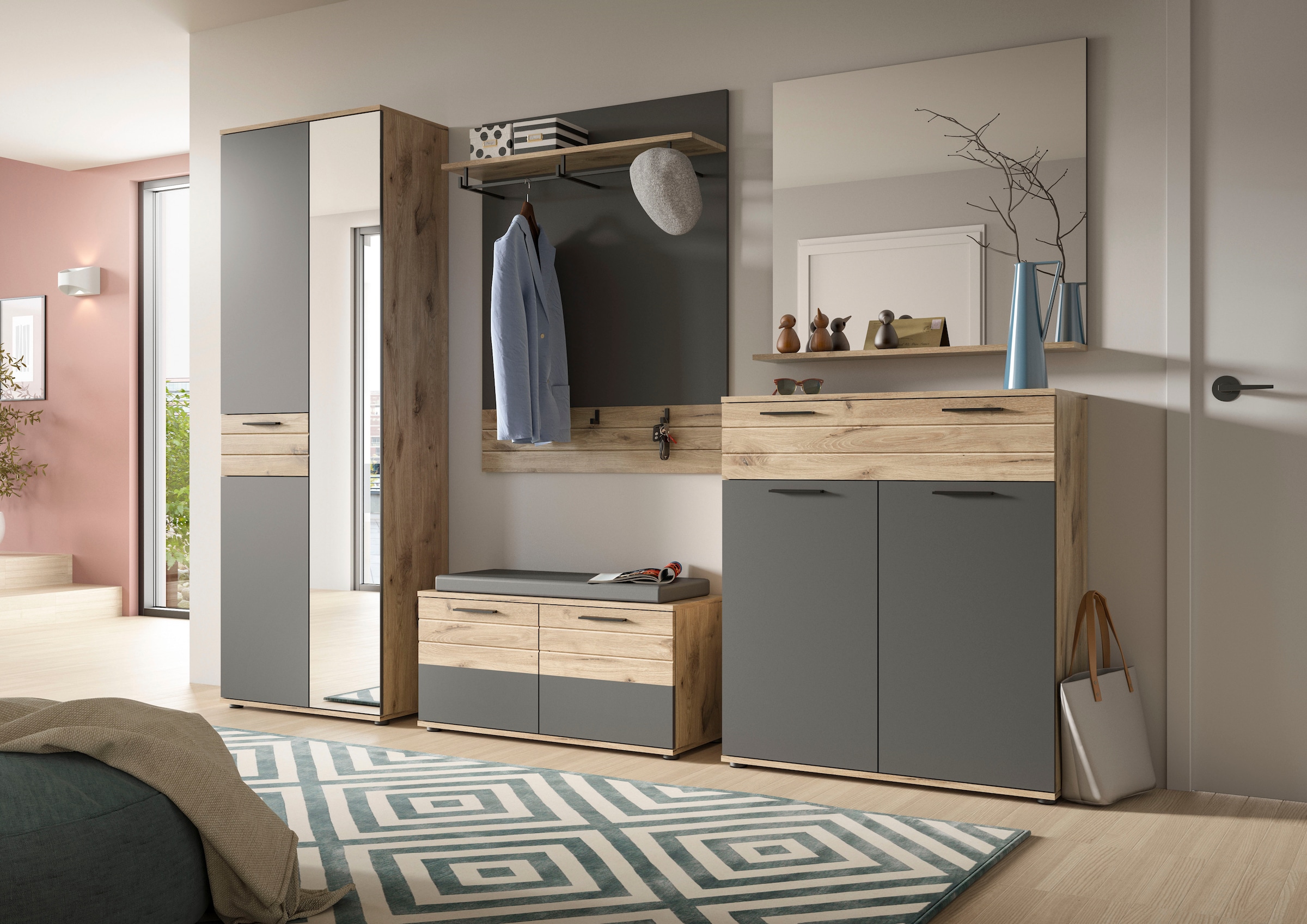 INOSIGN Garderoben-Set »Riga, Breite 280 cm, hochwertige Rillenfräsung, 5-teilig, best. aus:«, (Set, 5 St.), Garderobenschrank, Sitzbank, Paneel, Garderobenspiegel, Schuhkommode