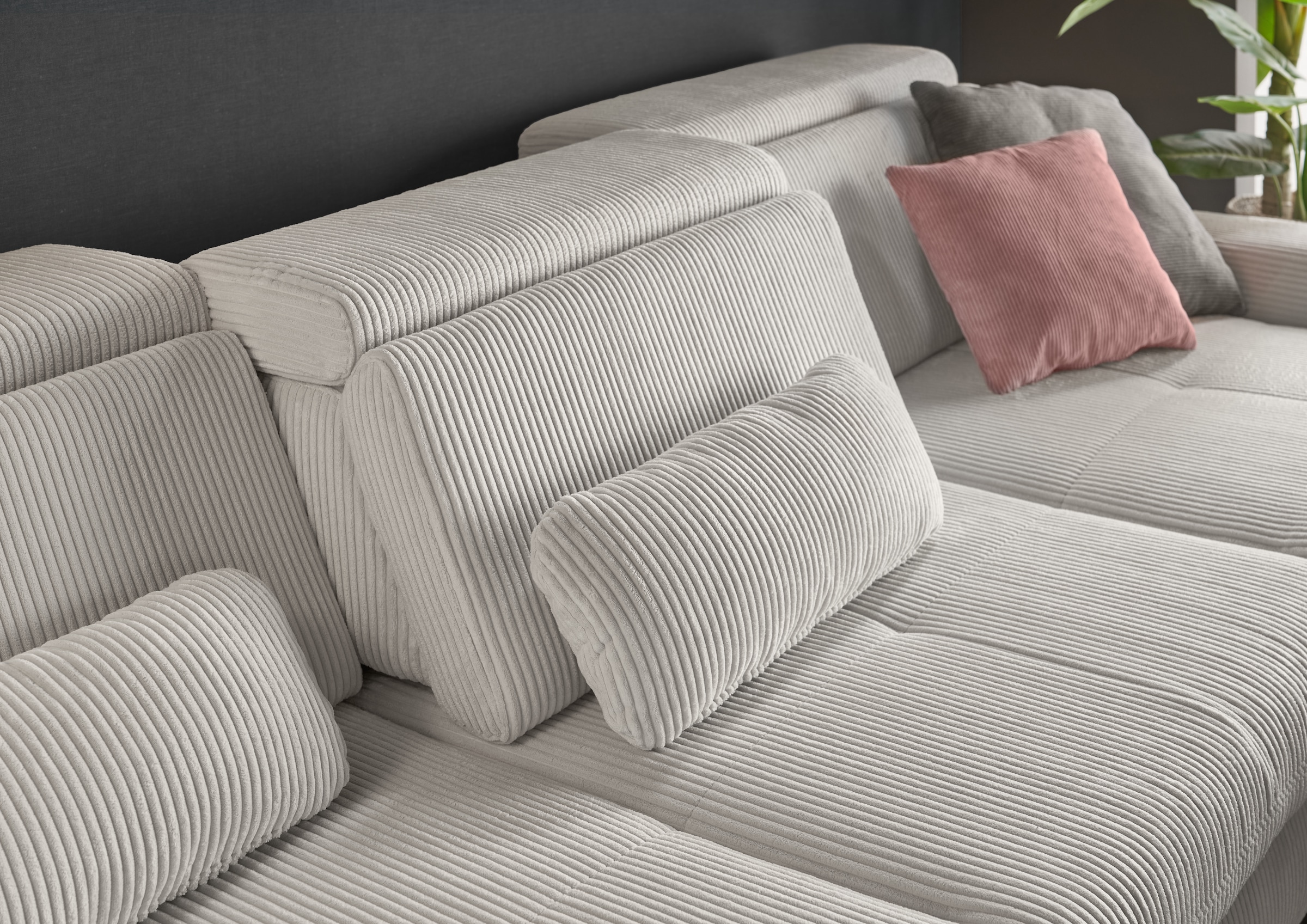 set one by Musterring Ecksofa »SO 3400 Sitzhöhe 47cm oder 49cm, Sitztiefe verstellbar, B/T: 307/195cm«, whlw. mit Funktion, Kaltschaum, in Cord, silver, Sitzhöhe 47