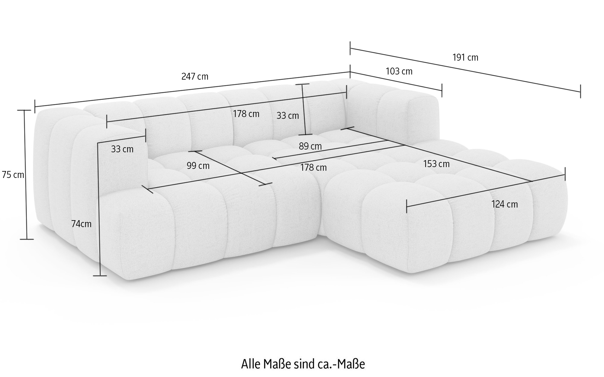 homsy by Ana Johnson Ecksofa »»XL« BOUBELLE L-Form extra tief, Design: Bubble-Optik, Breite 247cm« hoher Sitzkomfort dank Wellenunterfederung, XL Sitztiefe 100 cm