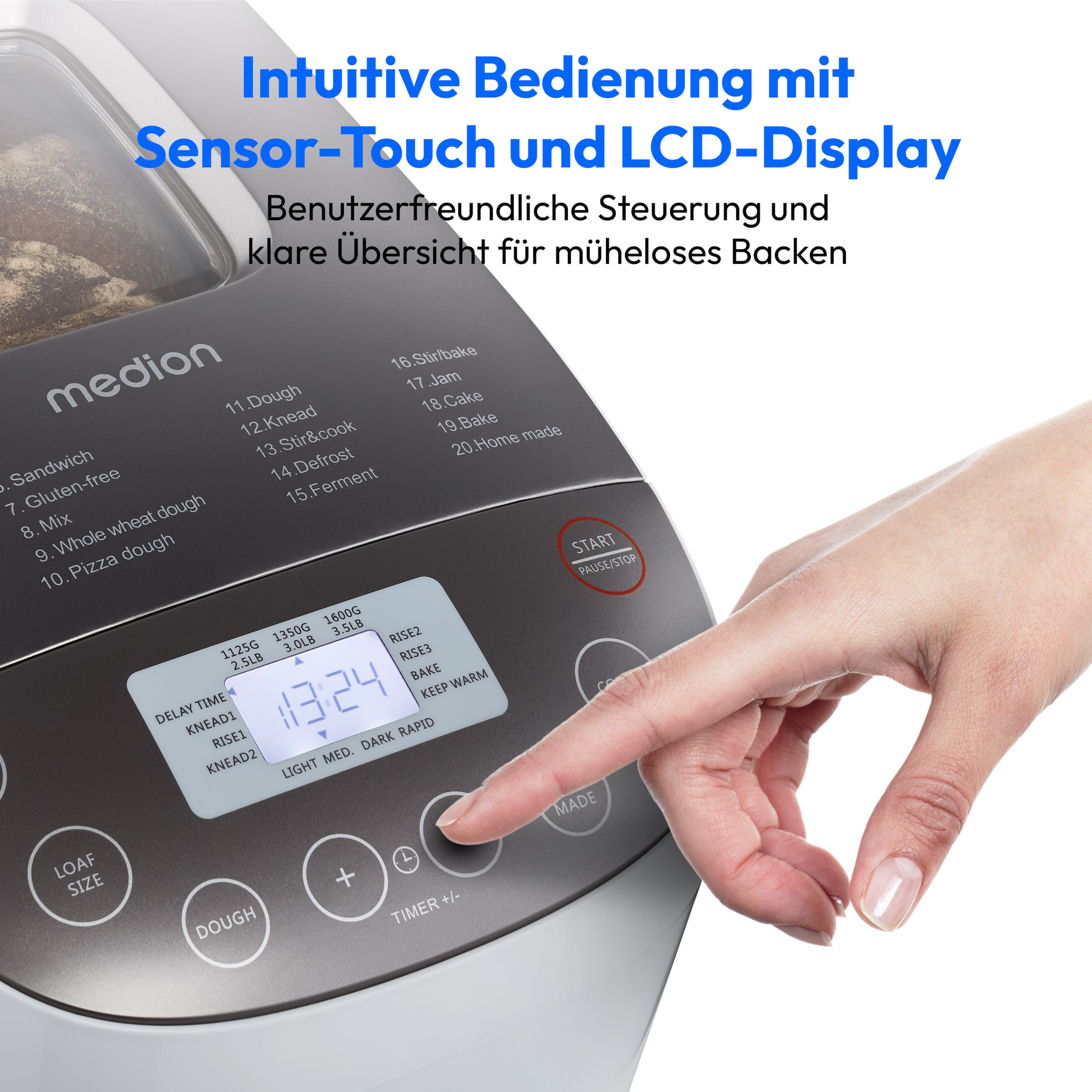 Medion® Brotbackautomat »MD 12040, 20 Backprogramme, 3 Bräunungssufen, doppelter Knethaken«, 20 Programme, 950 W, Bis zu 1600g Fassungsvermögen, Warmhaltefunktion, ILAG Beschichtung