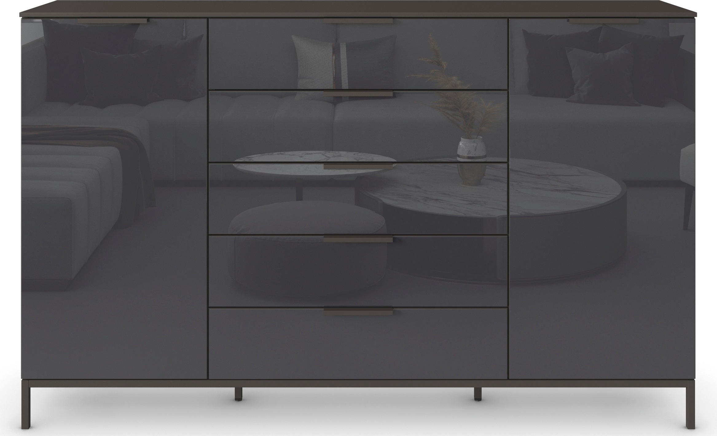rauch Schubkastenkommode »Kommode Türkommode Sideboard Kombikommode FLIPP mit Glasfront«, (Breite 160/180 cm mit 4 Einlegeböden), 2-trg mit 5 Schubladen und Soft-Close-Funktion, Glasfront, 2 Breiten
