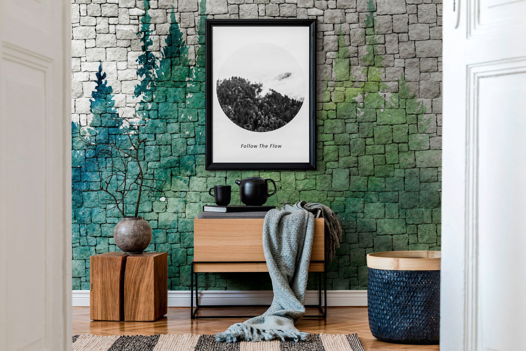 living walls Fototapete »The Wall«, Steinoptik-Wald-Motiv, Fototapete Wald Tapete Steinoptik Tapeten Wohnzimmer modern Design