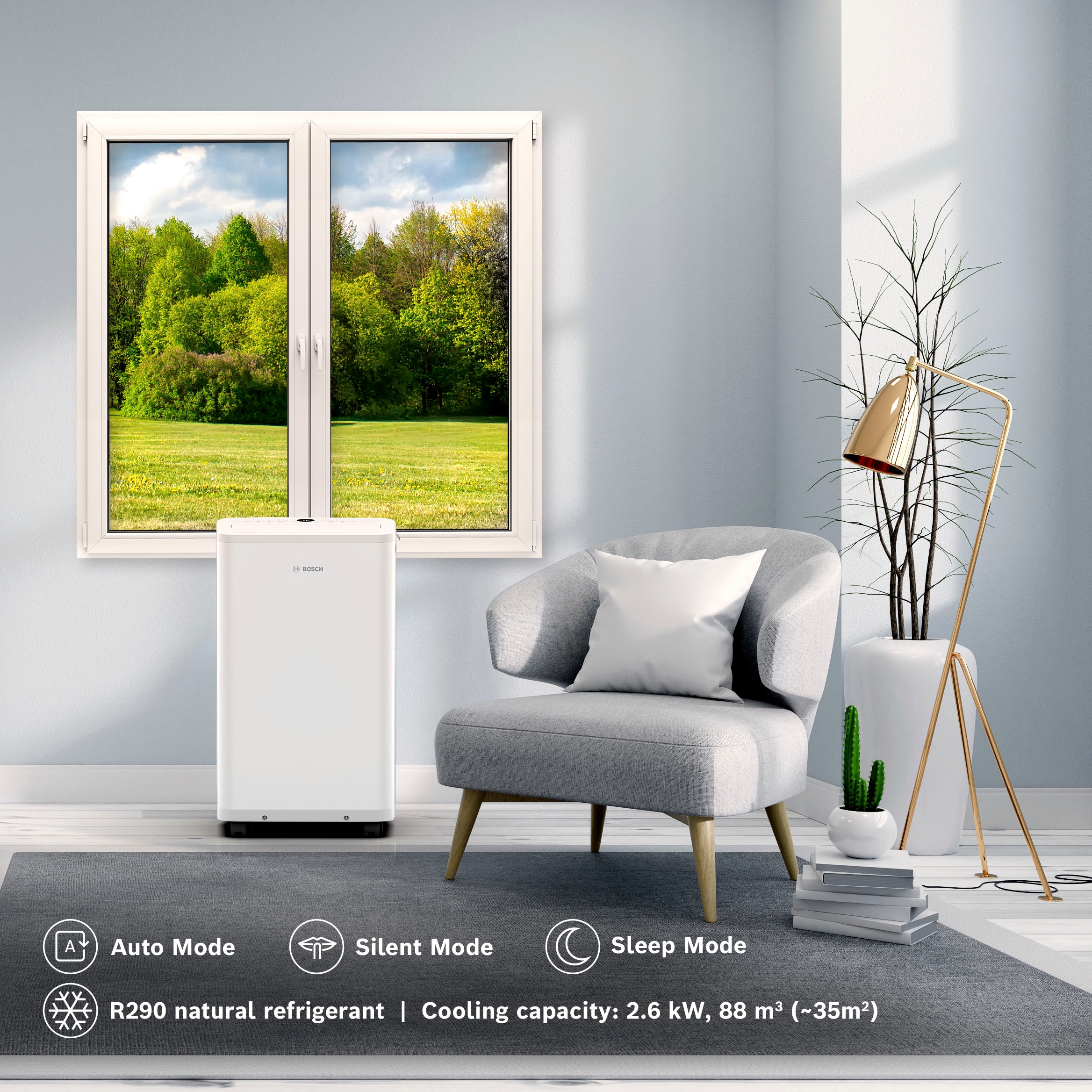 BOSCH 3-in-1-Klimagerät »Cool 2000 - 3-in-1 Klimaanlage, Luftentfeuchter, Ventilator« Ventilator mit 3 Stufen, Entfeuchtung bis zu 50 l/Tag