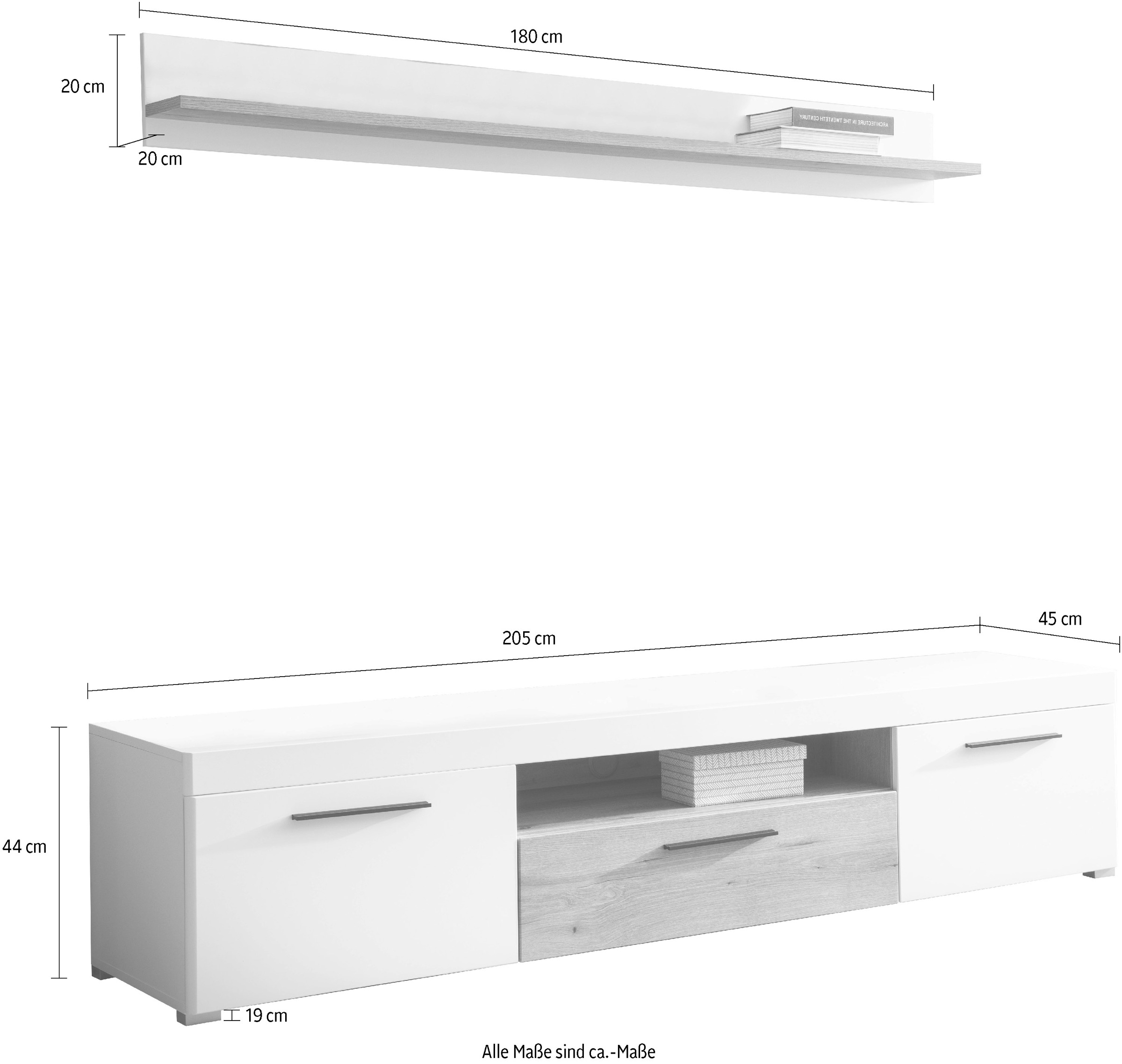 INOSIGN Wohnwand »Salerno, moderne Anbauwand, Wohnzimmer-Set, Weiß mit Eiche Evoke Dekor«, (Set, 2 St.), enthält Lowboard + Wandboard, Metallgriffe, 205 cm breit