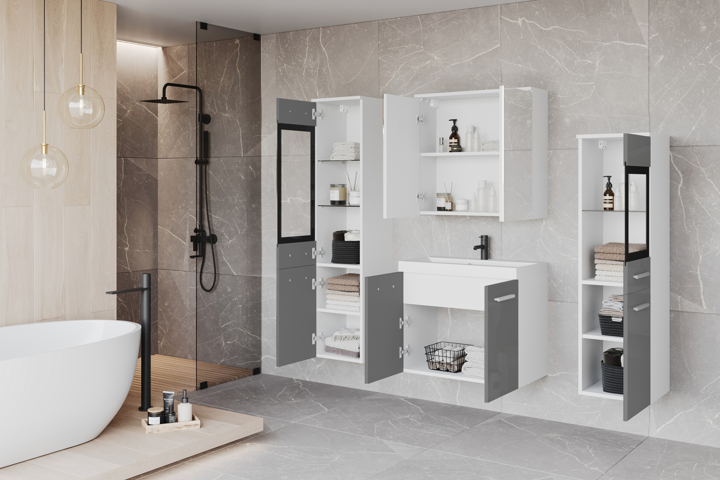 welltime Badmöbel-Set »MADRIT II, Schrank mit Waschbecken, 2 Hänger, Spiegelschrank«, (Komplett-Set, 5 St.), Hängende Badmöbel mit Glaseinsätzen – in vielen Farben erhältlich