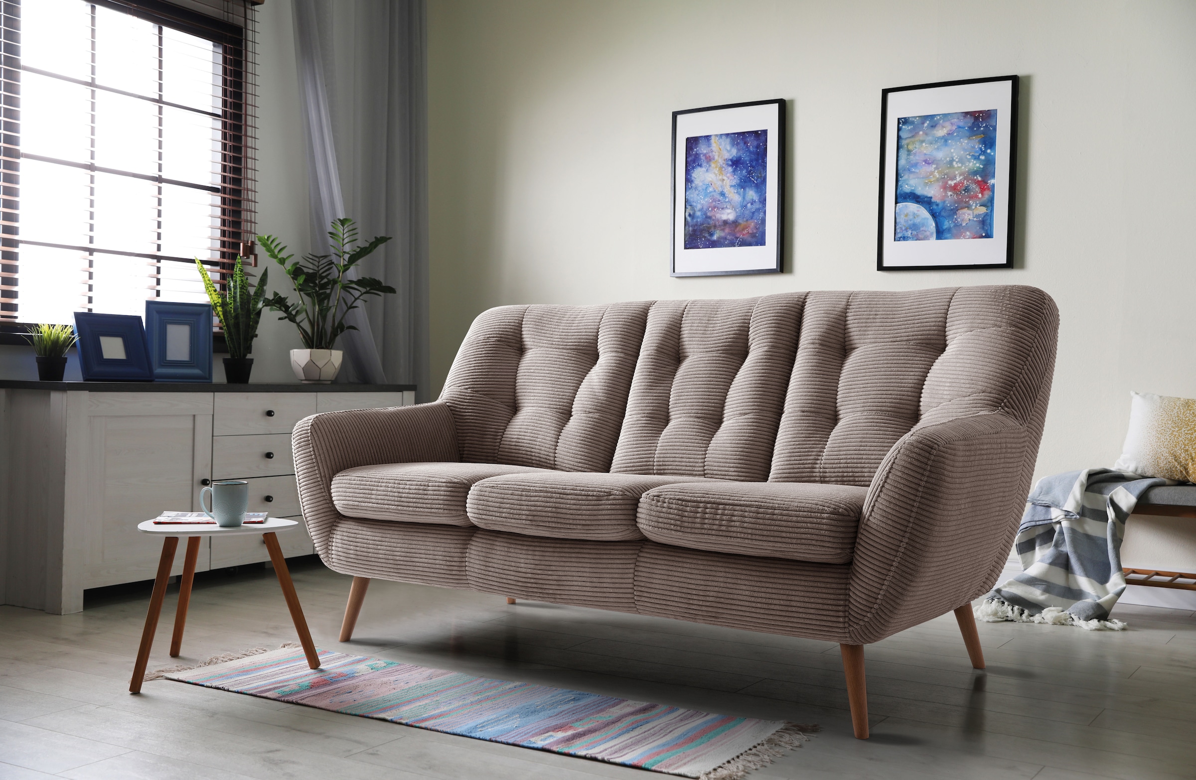 exxpo - sofa fashion 3-Sitzer »Scandi, bequem, aufwendige Rückenpolsterung für mehr Sitzkomfort«, aktuelle Farben in hochwertigen Bezugsqualitäten, Holzfuß