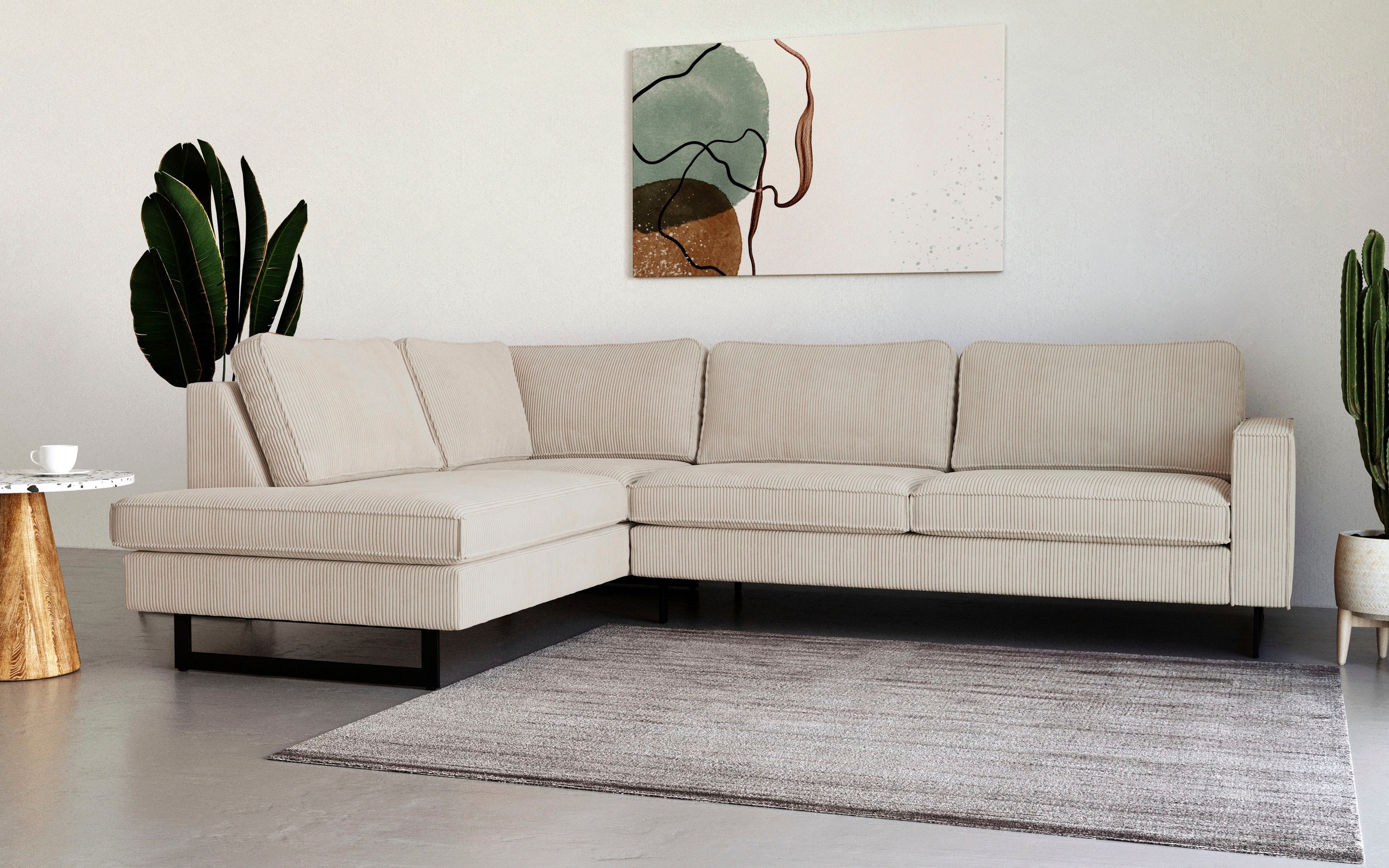 Places of Style Ecksofa »Pinto, 290 cm, Cord, Chenille, Lederoptik, Ottomane links / rechts«, mit Keder, schwarze Metallfüße, Wellenunterfederung