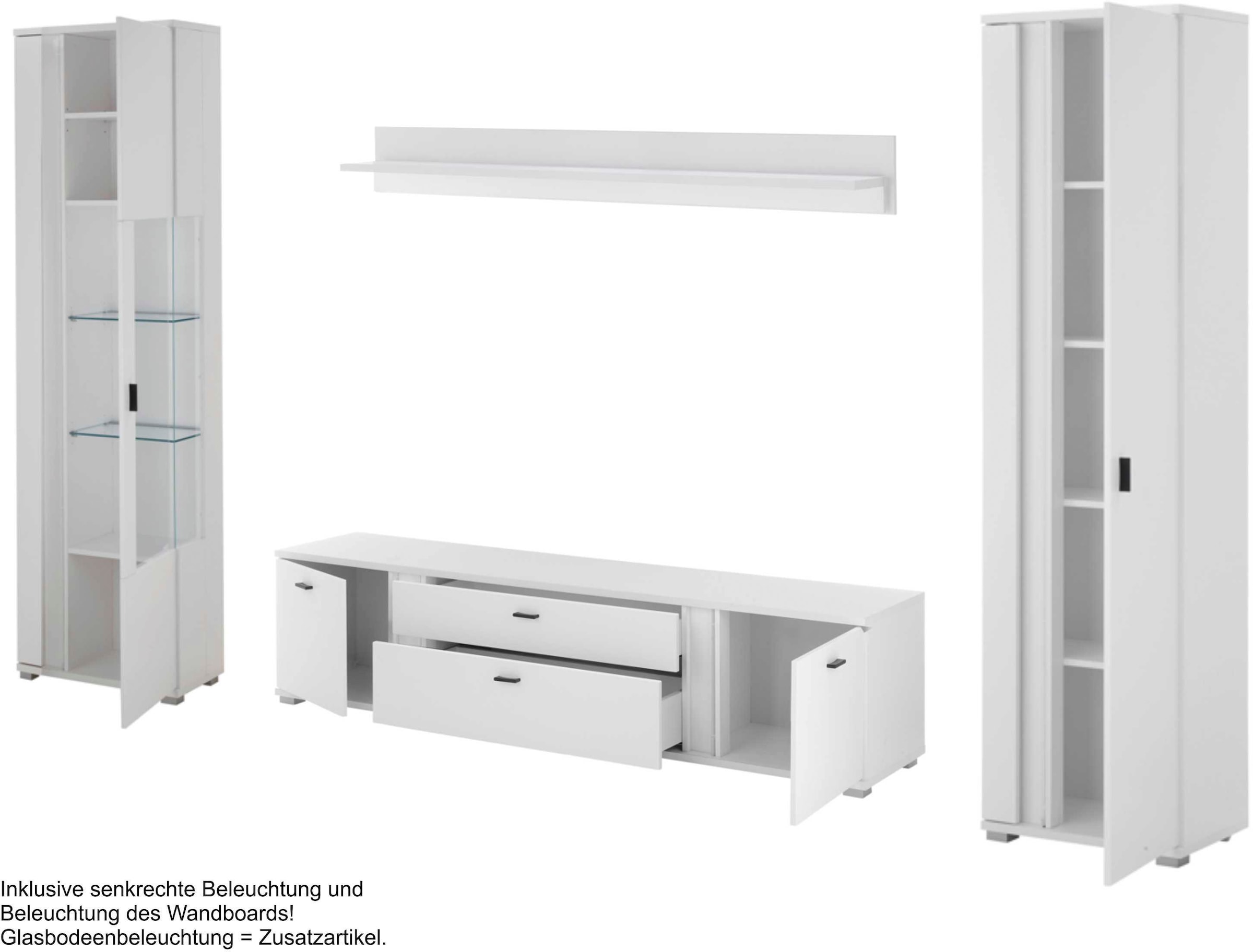 INOSIGN Wohnwand »LONG ISLAND«, (Set, 4 St.), in moderner Trendfarbe,inklusive senkrechter Beleuchtung,Breite 330 cm