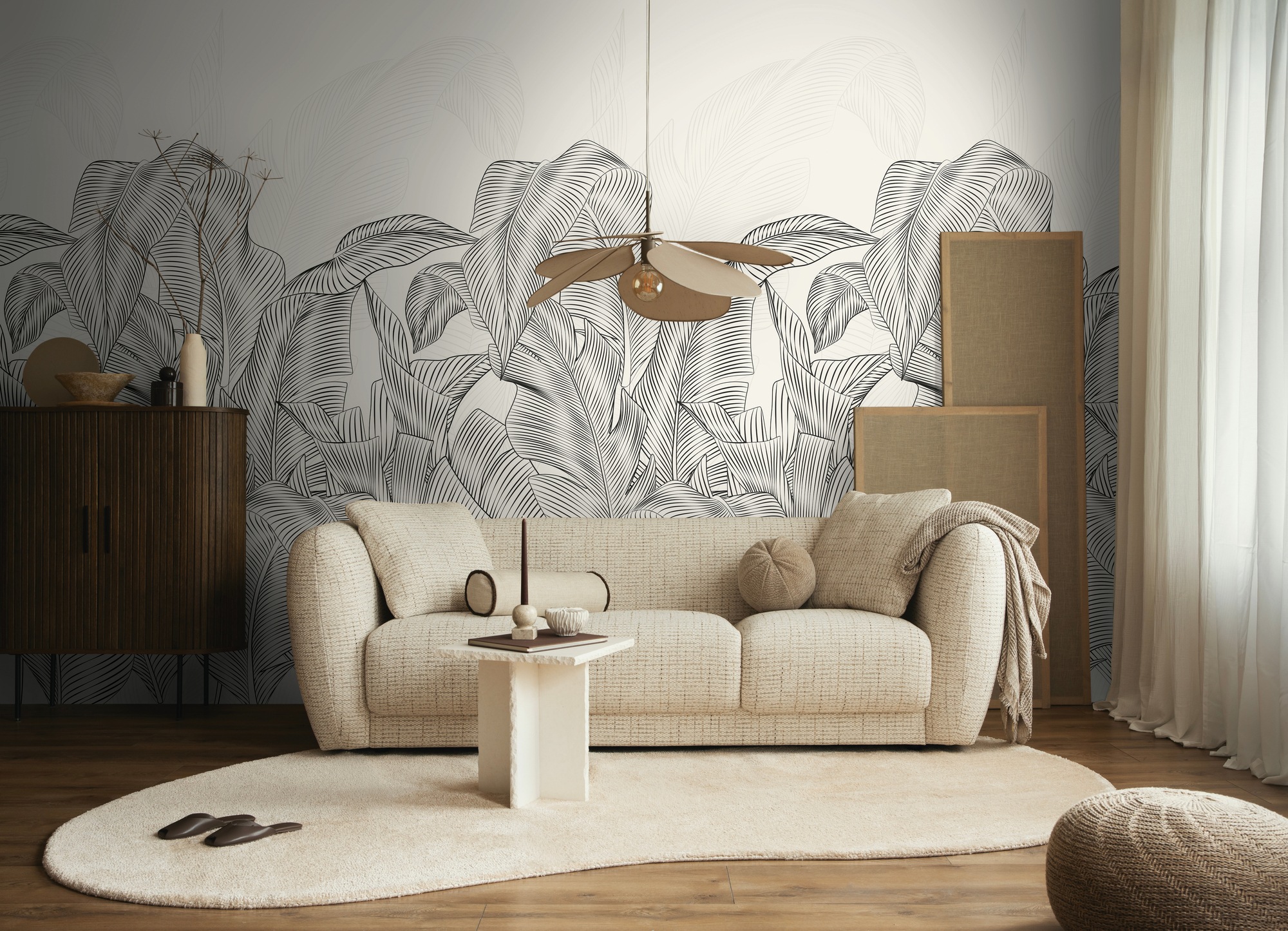 living walls Vliestapete »Vibes & Styles Linea Botanica – Jungle Outline Fototapete« floral leicht strukturiert Minimalistisches Blattdesign mit Linienführung und moderner Eleganz