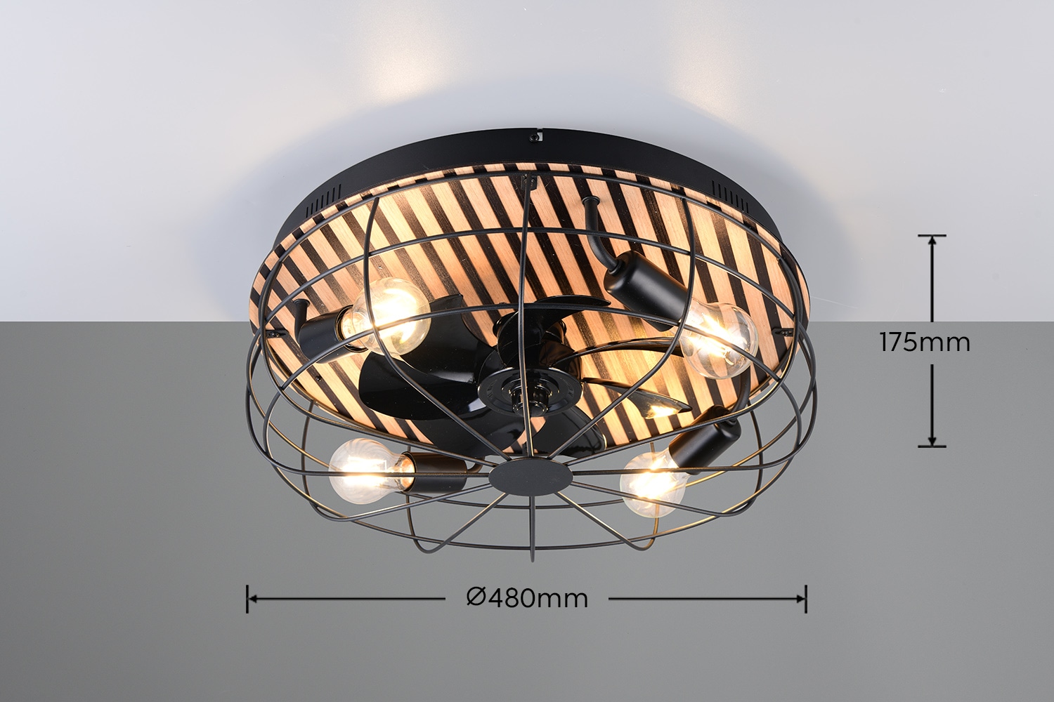 Leonique Deckenleuchte »Nilux mit Ventilator, Deckenventilator mit Licht exkl 4x E27 max 10W«, 4 flammig, Leuchtmittel E27 | Leuchtmittel wechselbar, Holzstreifen Optik Akustikpaneel, Fernbedienung, 3 Stufen + Timer