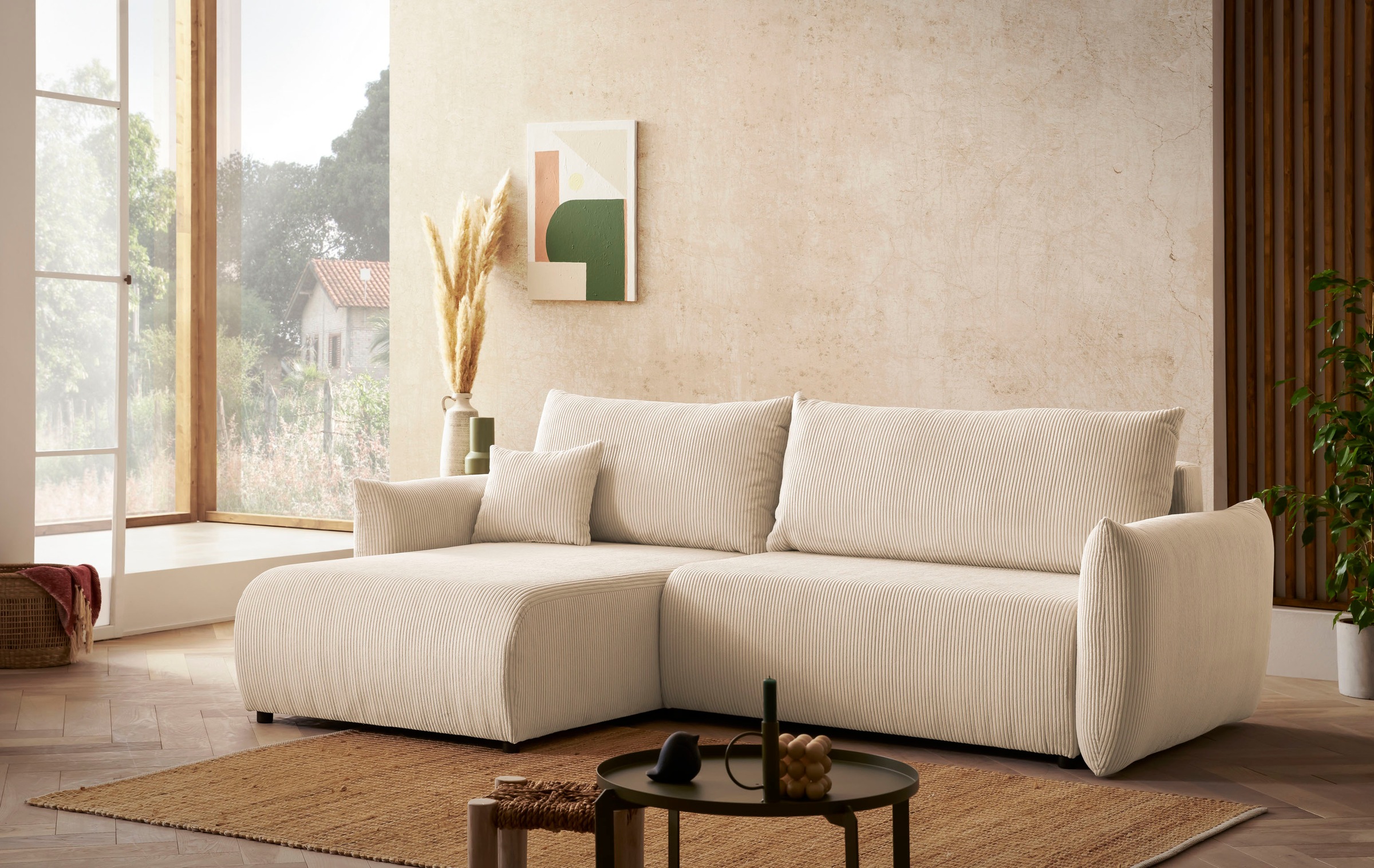 INOSIGN Ecksofa »MAVAS Schlafsofa mit Bettkasten, L-Form,«, ca.257/127cm (Liegefläche 212/145 cm), Cord, Chenille, Struktur
