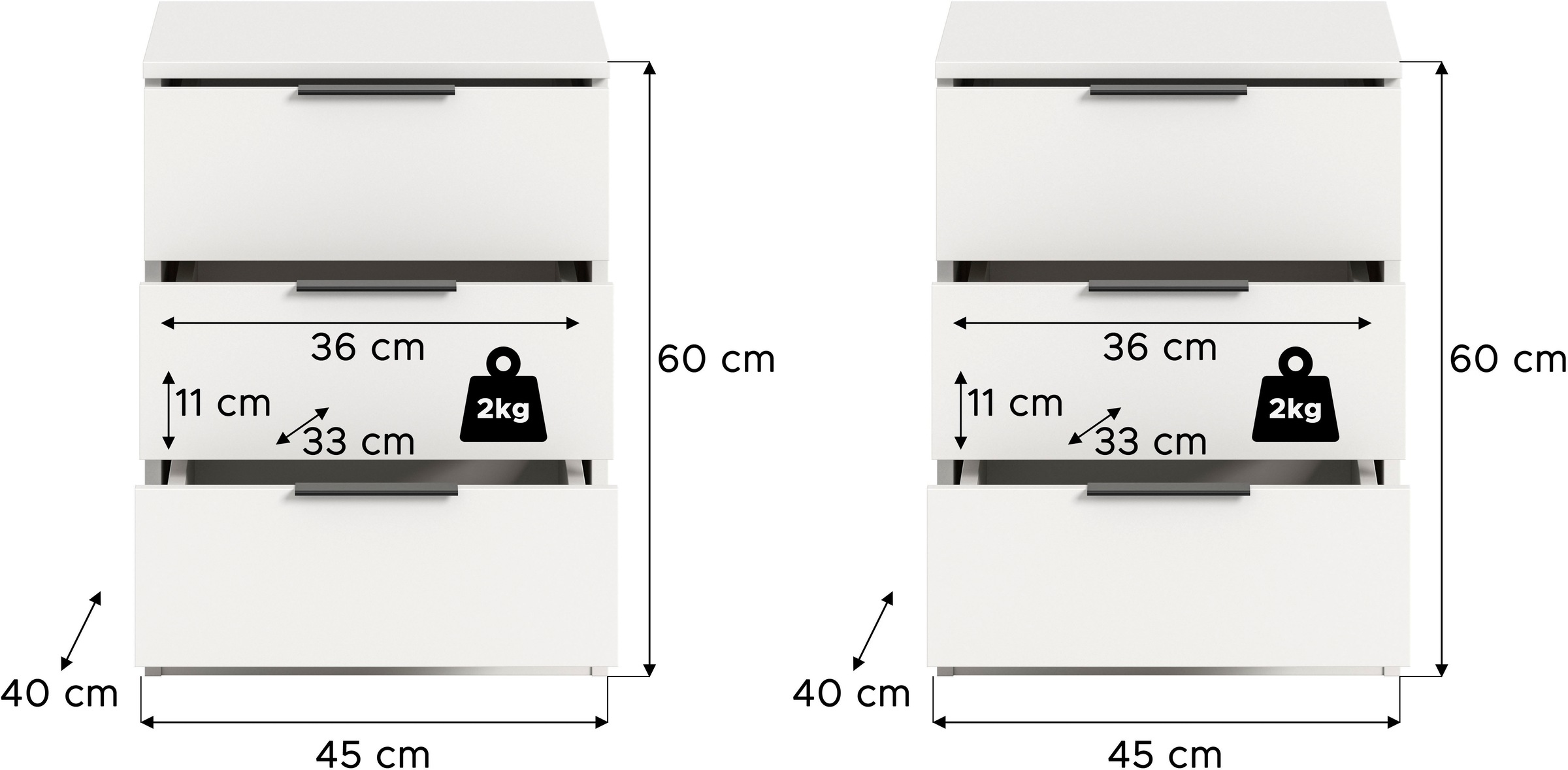Home affaire Nachtkommode »Skarde 2 Nachttische, jeweils Breite: 45 cm«, (Set, 2 St., Sie bekommen 2 Nachttische im Set), Skarde, 2er Set Nachtkommode, 3 Schubkästen, weiß