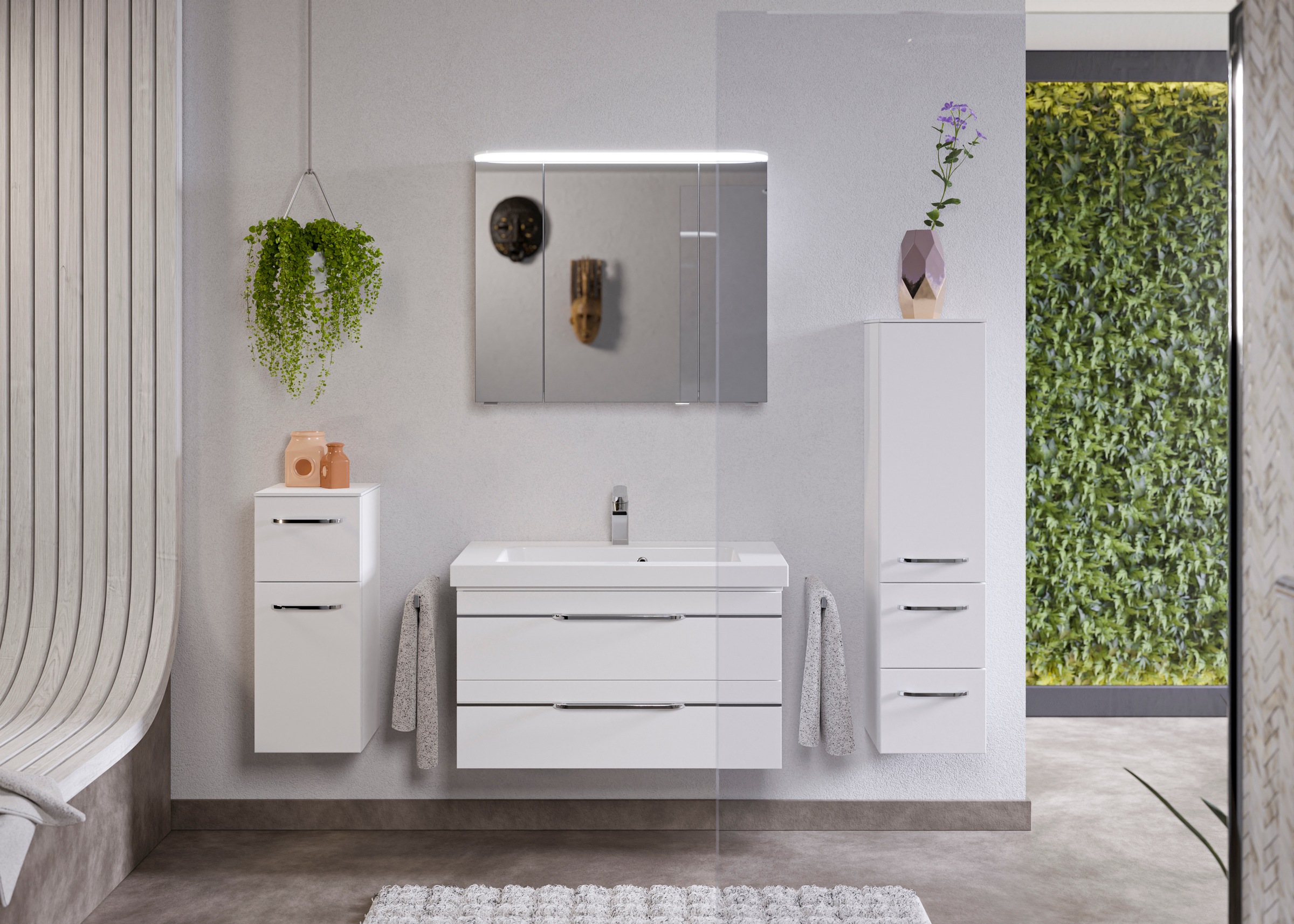 Saphir Badmöbel-Set »Balto Sprint 4-teilig, Mineralmarmor-Waschtisch mit LED-Spiegelschrank«, (5 St.), Midischrank und Unterschrank, inkl Türdämpfer, 5 Türen, 5 Schubladen
