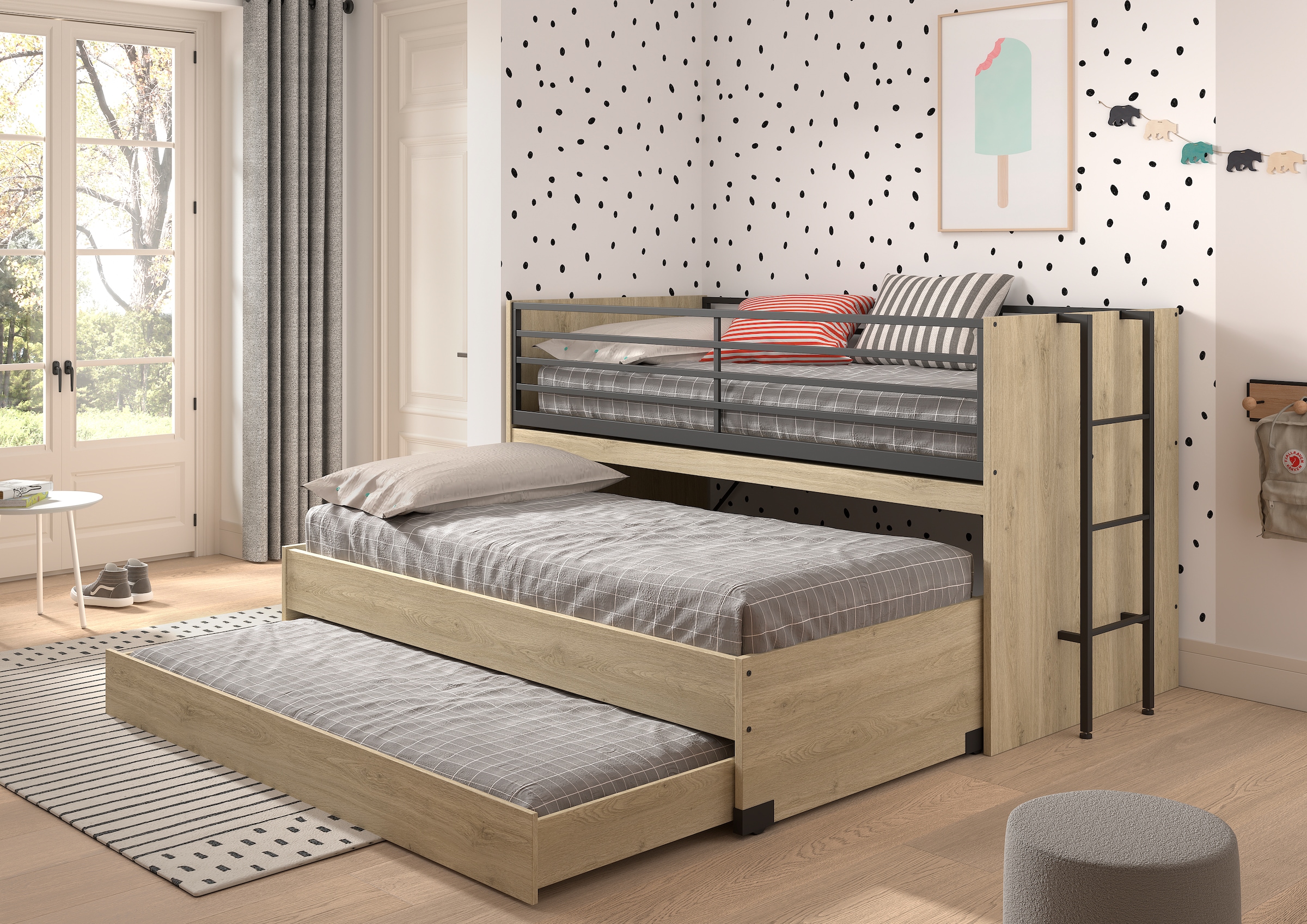 Home affaire Etagenbett, (Made in Europe), für kleine Räume, 2 Liegefl., Bettschublade, inkl. Schreibtisch, Dekor