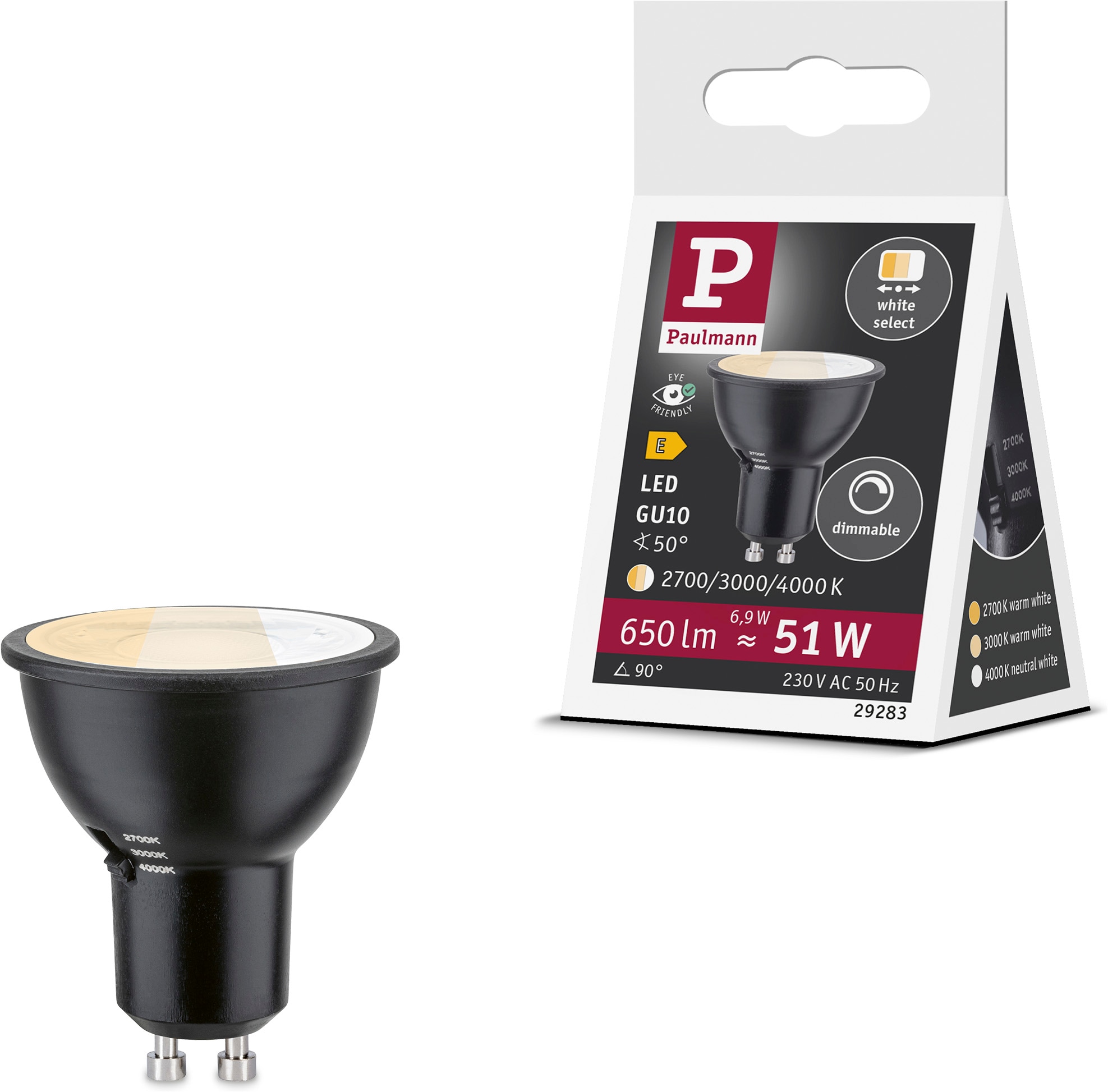 Paulmann LED-Leuchtmittel »650lm 3CCT DipSwitch 50° dim 6,9W 230V« GU10 1 Stk. Farbwechsler White Select