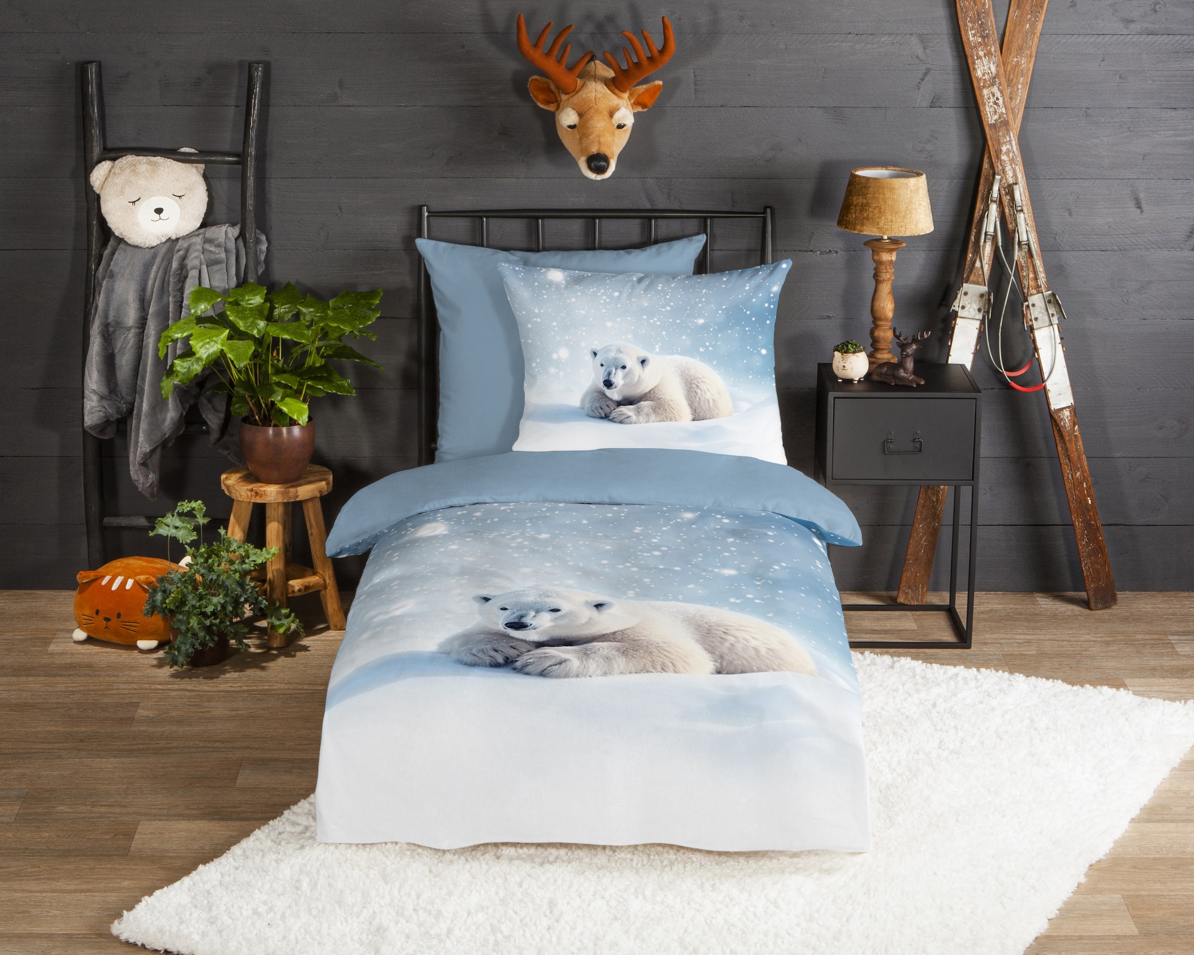 good morning Kinderbettwäsche »Esben«, Flanell, Biber, 135x200, Winter, Warm, Wendeoptik, Kind, Eisbär, Blau