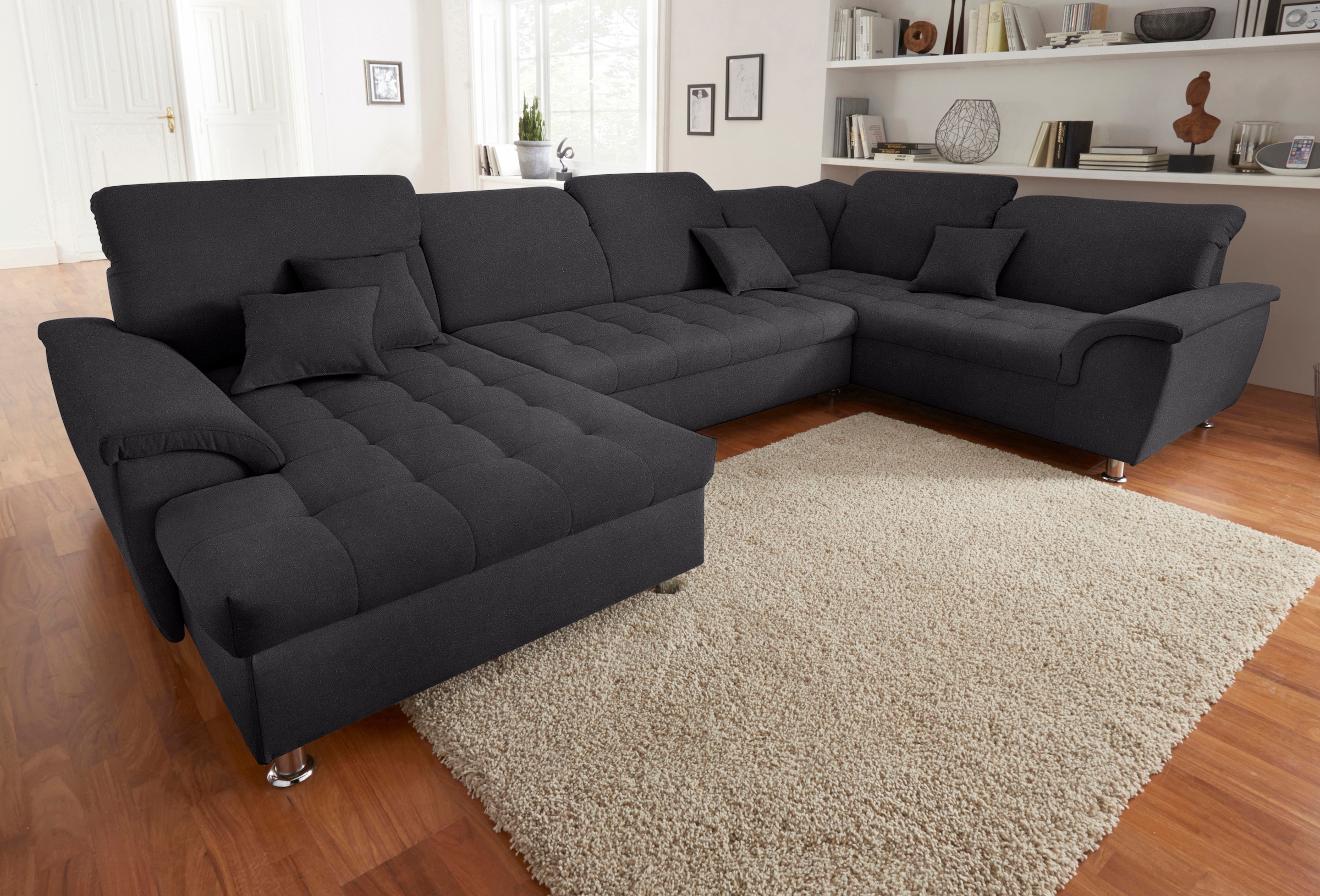 DOMO collection Wohnlandschaft »Franzi XXL-Format B/T: 352/214 cm, belastbar bis 140kg/ Sitz, U-Form«, Flachgewebe, graphite