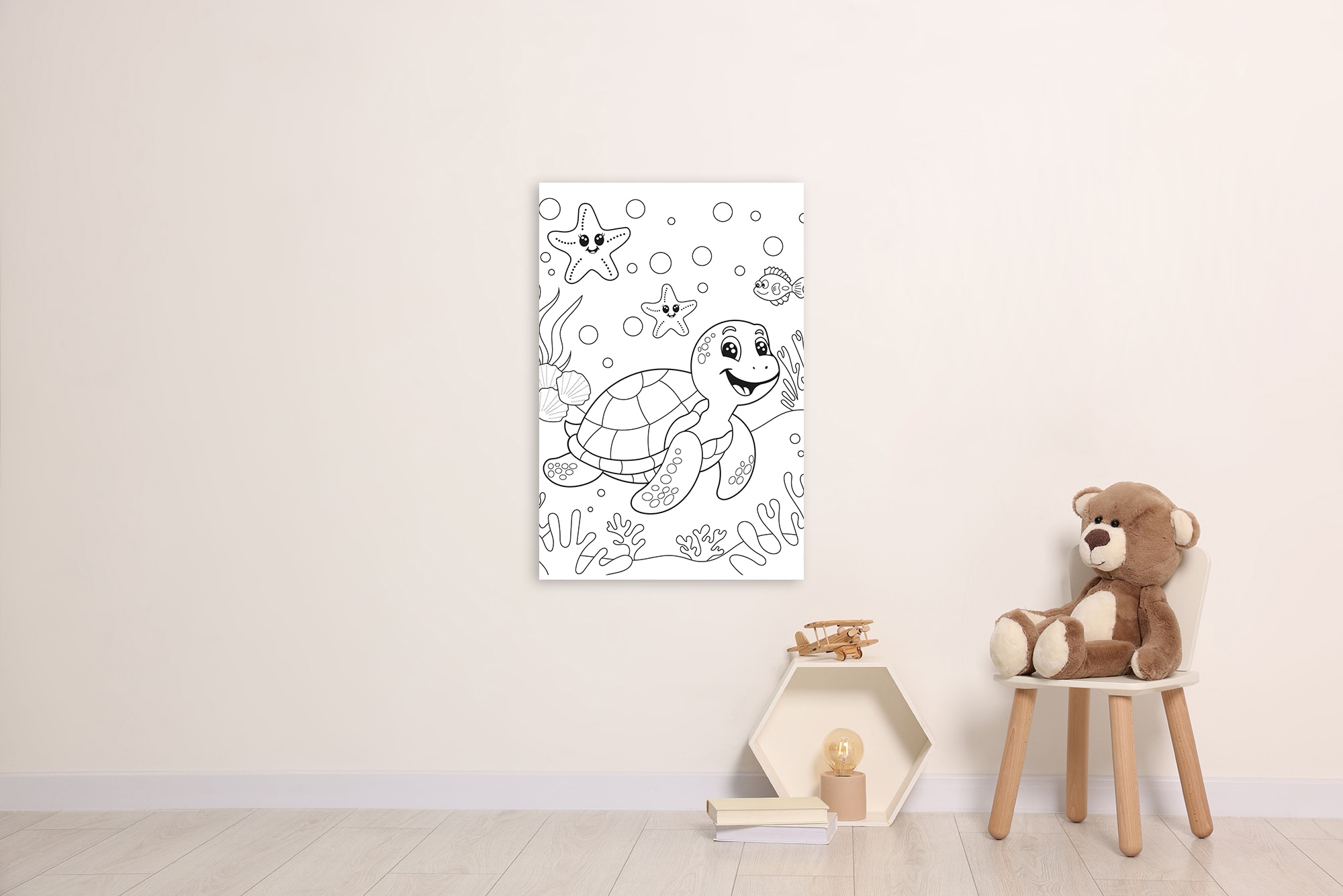 queence Bild »Seesterne und Schildkröte«, Blätter-Blätterbilder-Figuren-Fisch & Meeresfrüchte-klassische Fantasie-Mädchen-Märchenbilder-Meer Bilder-Schildkröten-Unterwasserwelt-Wassertiere, (1 St.), DIY Wandbild aus Dibond