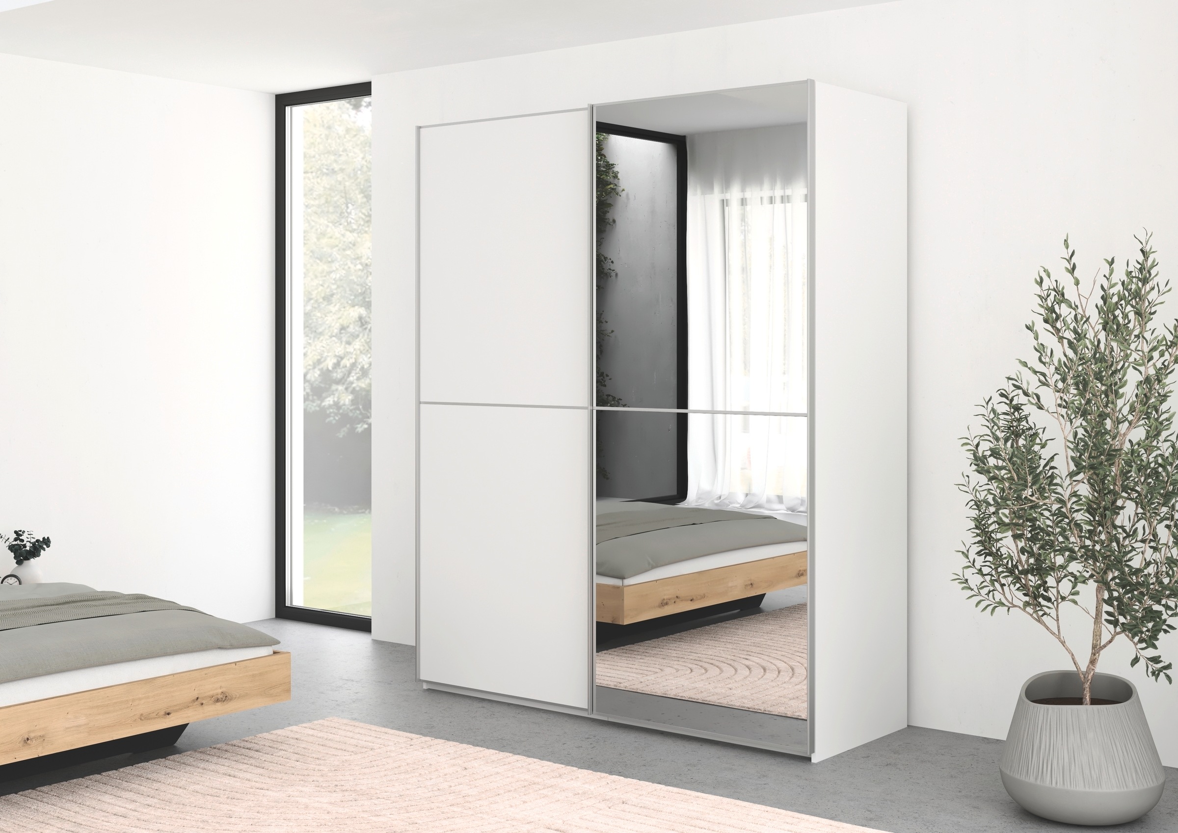 rauch Schwebetürenschrank »Kleiderschrank Schrank Garderobe Schlafzimmerschrank SCALE-DUO«, edle zweigeteilte Türen, Spiegel und 3 Zierleisten MADE IN GERMANY