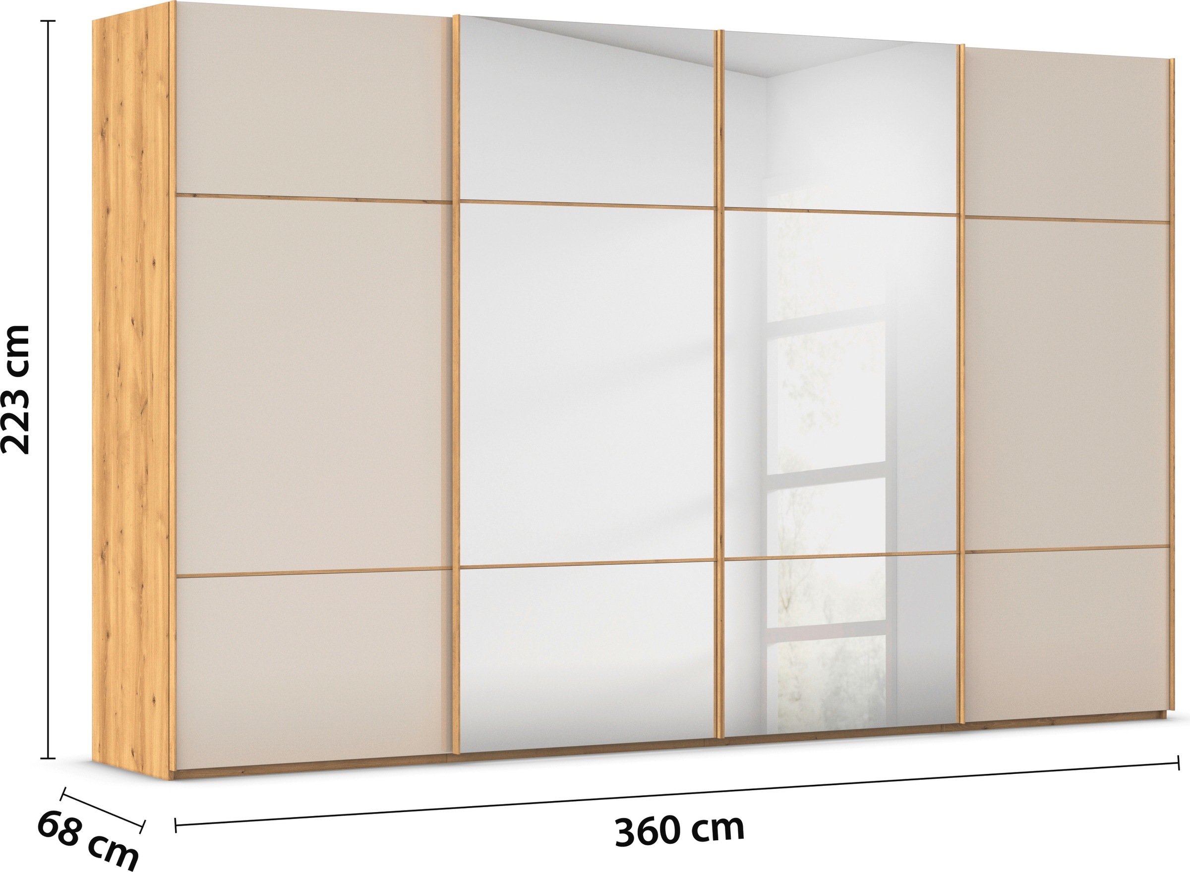 rauch Schwebetürenschrank »Kleiderschrank Schrank Garderobe Schlafzimmerschrank SCALE-TRIO«, edle dreigeteilte Front mit 2 Zierleisten Spiegel/Glas MADE IN GERMANY