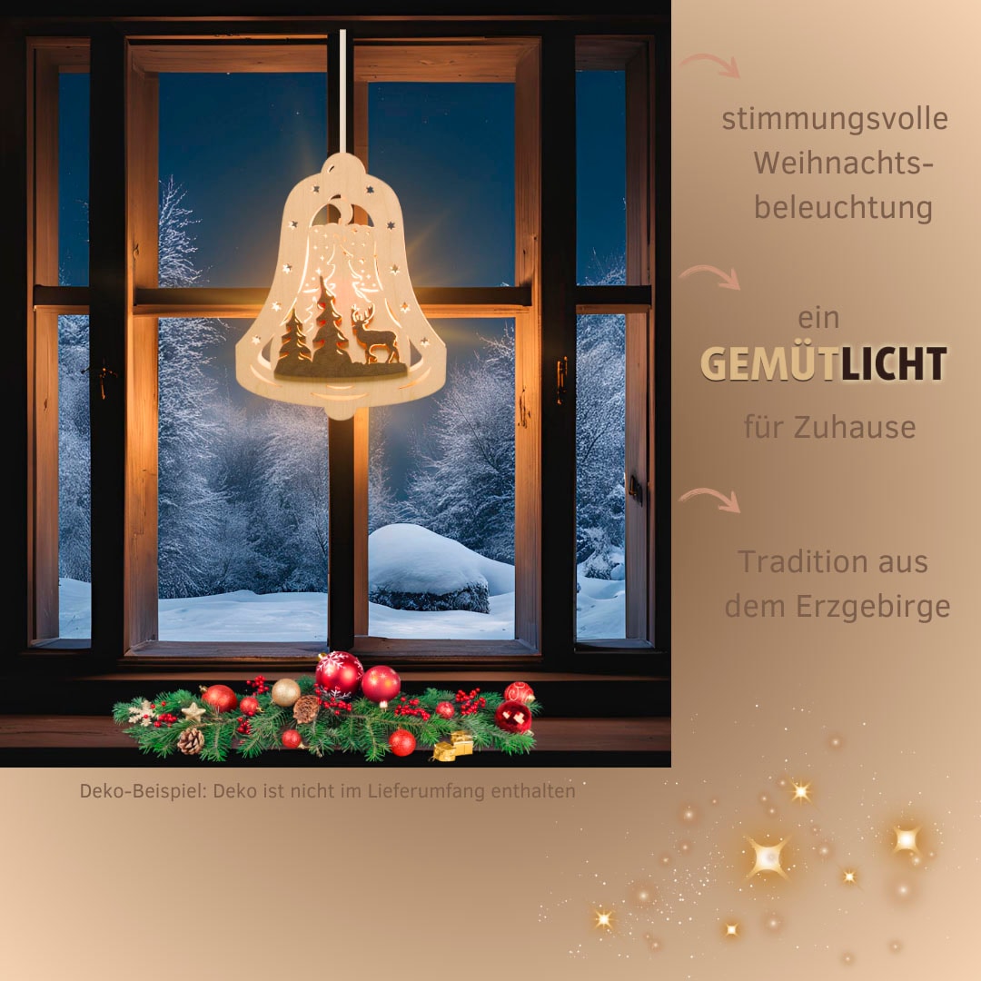 Weigla Dekofigur »beleuchtetes Fensterbild, Glocke, Waldmotiv, NATUR-BRAUN«, Erzgebirge garantiert, Weihnachtsdeko Innen, Weihnachtsbeleuchtung