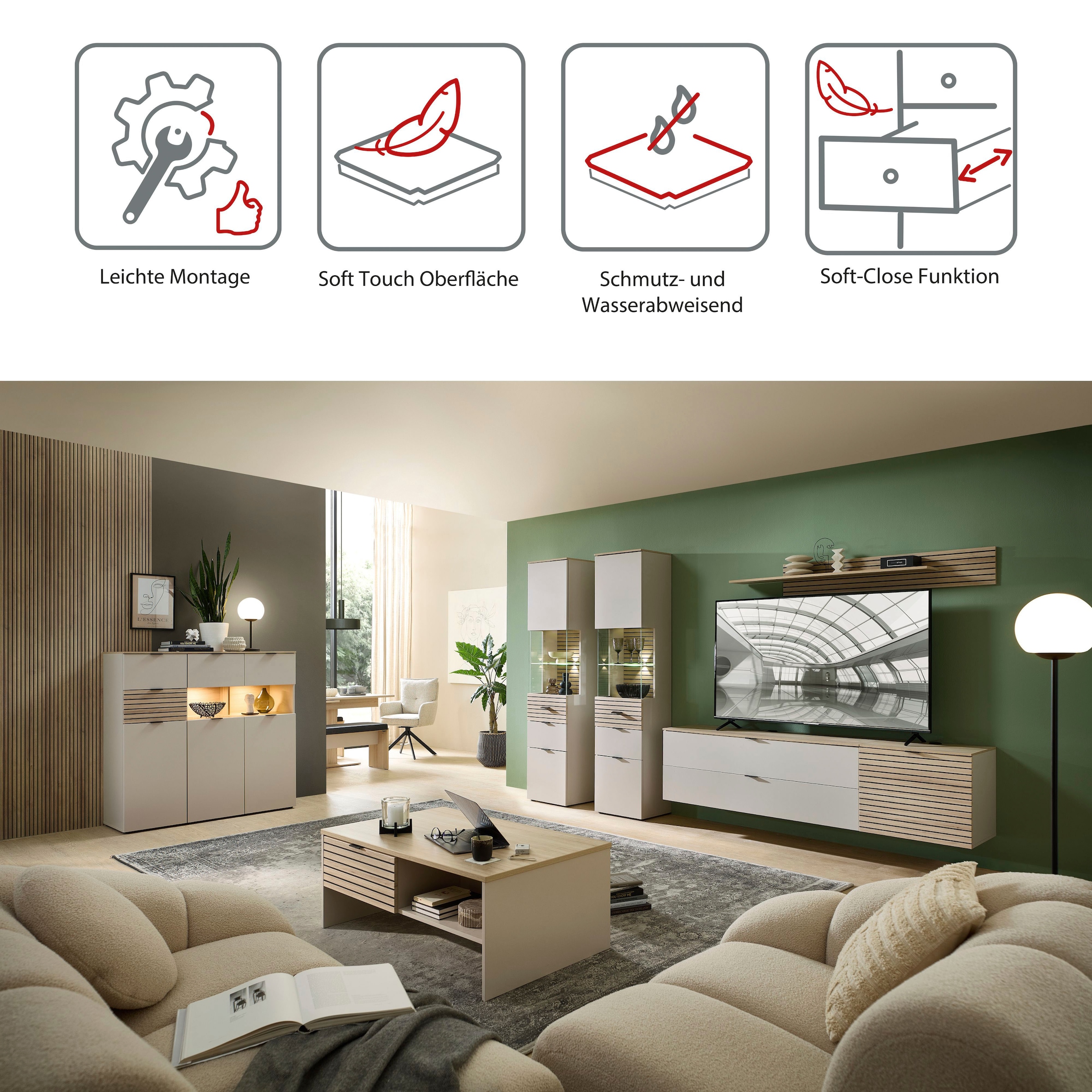 Innostyle Vitrine »INA Vitrine, 45 x 200 x 36 cm (B/H/T)« 1 Stk. tlg. L/R verwendbar, inkl. Beleuchtung, Softclose