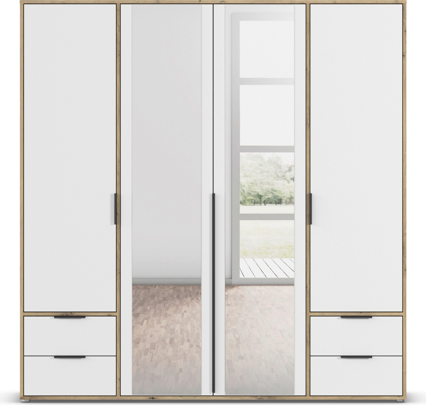 rauch Drehtürenschrank »Kleiderschrank Schrank Garderobe Wäscheschrank NAGATA mit Spiegel«, (in 3 verschiedenen Ausstattungen BASIC/CLASSIC/PREMIUM), und Schubladen sowie Stangengriffen TOPSELLER MADE IN GERMANY