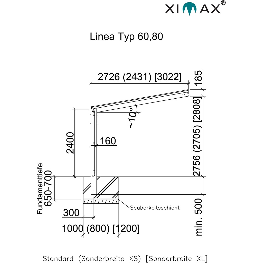 Ximax Einzelcarport »Linea Typ 60 Standard-Edelstahl-Look«, Aluminium, 257 cm, edelstahlfarben, Aluminium