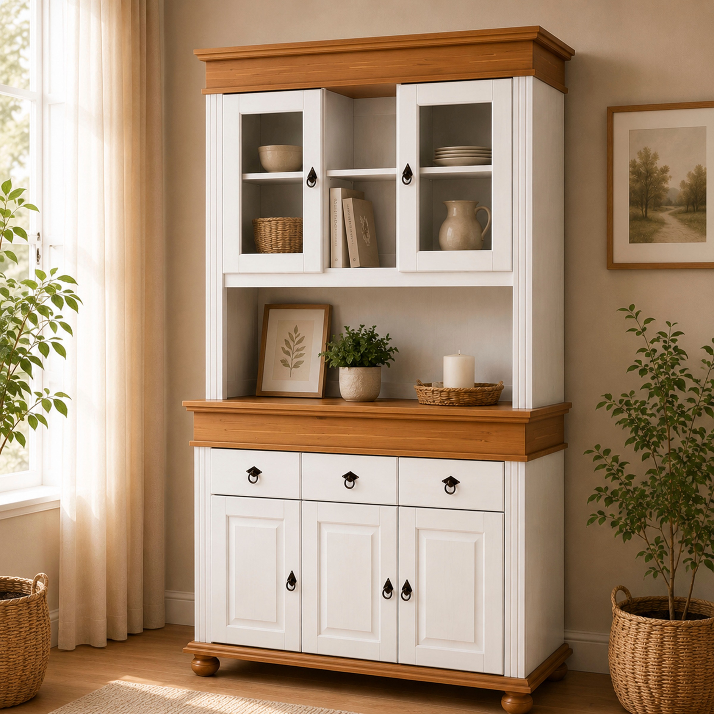 Inter Link Buffet »Halmaro, Kiefer Massivholz, Weiss/Grau-Lava, 141 x 46,30 x 213 cm« 1 Stk. tlg. Vitrine im Laudhausstil, Küchenschrank mit Glastüren, viel Stauraum