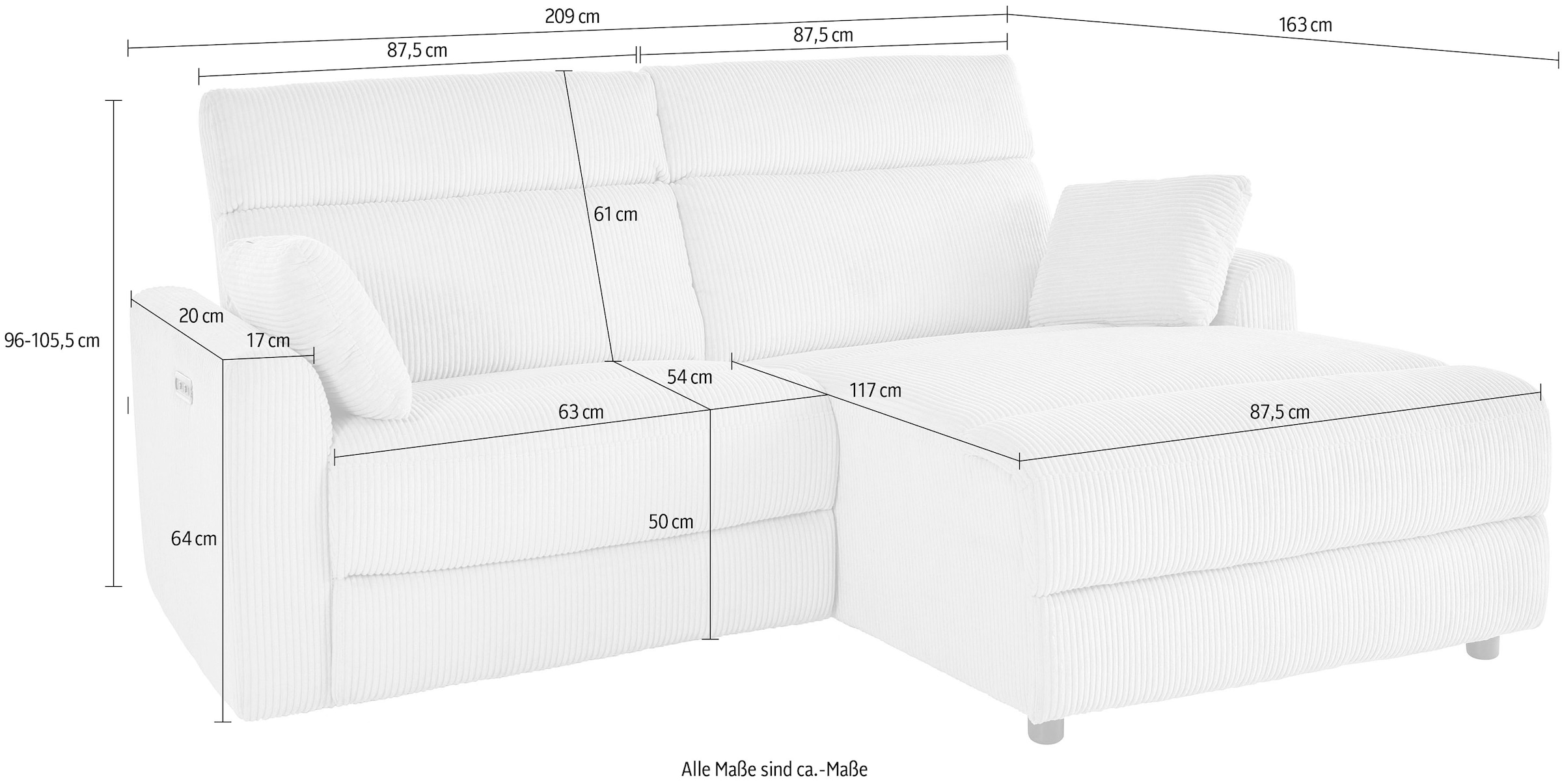 INOSIGN Ecksofa »JENNA, L-Form, 209cm, manuelle u. elektrische Funktion, mit USB A/C,«, Liegefunktion 105°-150°, Federkern, Cord