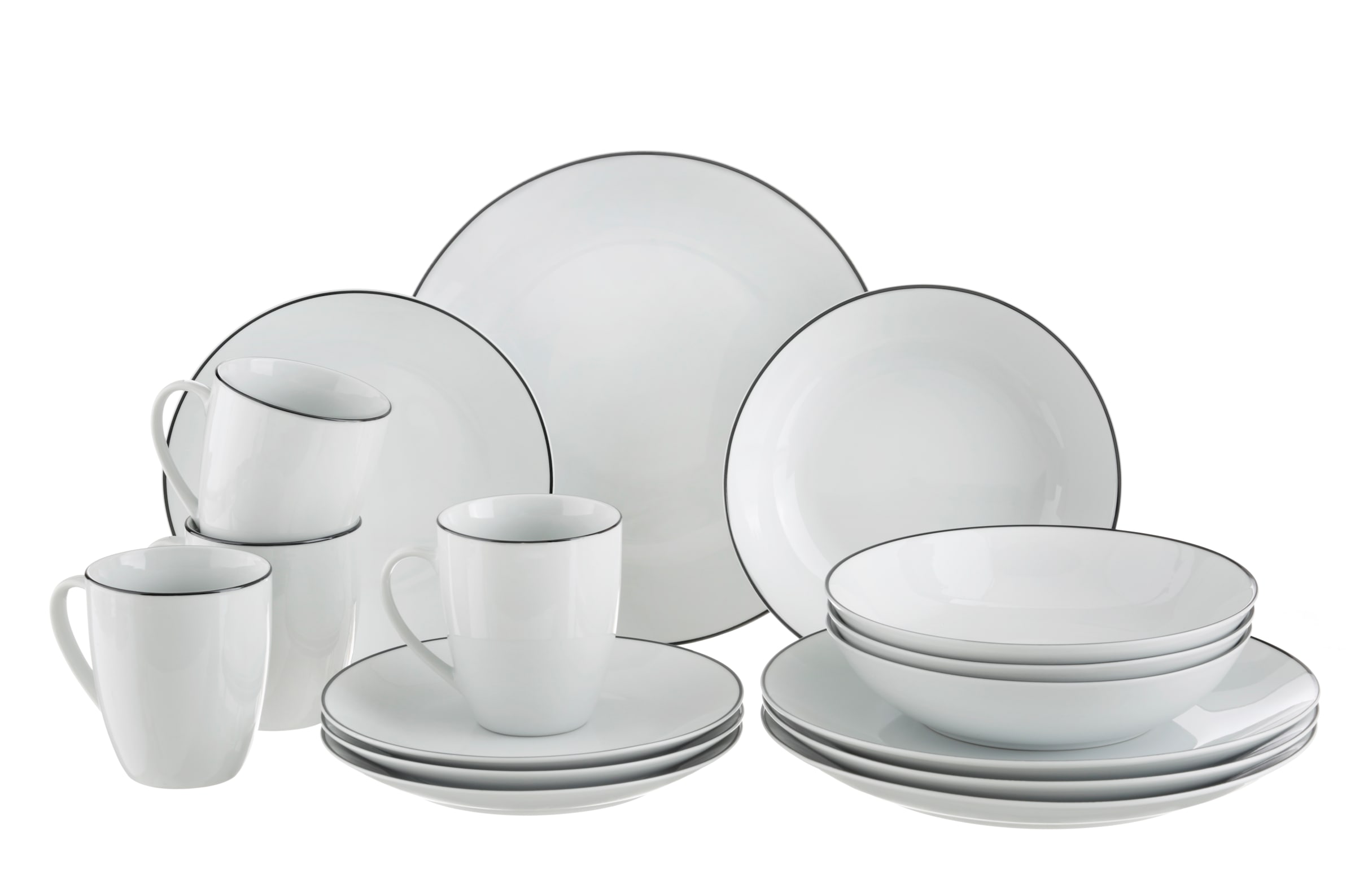 Leonique Kombiservice »Madeline«, (Set, 16 tlg., je 4 Speise-, Dessert-, Suppenteller, Kaffeebecher), Geschirr, trendige Coupeform, handgemalte, schwarzes Liniendekor