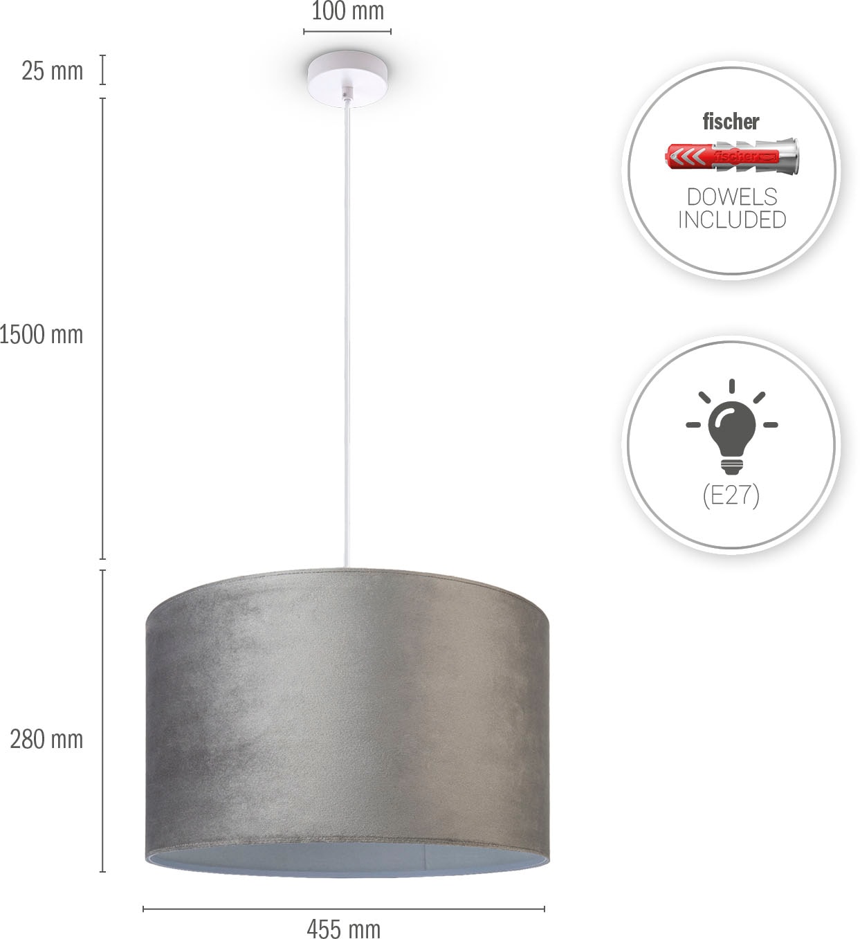 Paco Home Pendelleuchte »Hugo uni Color«, Leuchtmittel E27 | ohne Leuchtmittel, Wohnzimmer Lampenschirm aus Velour Unifarben Deko E27 Kabel 1,5m