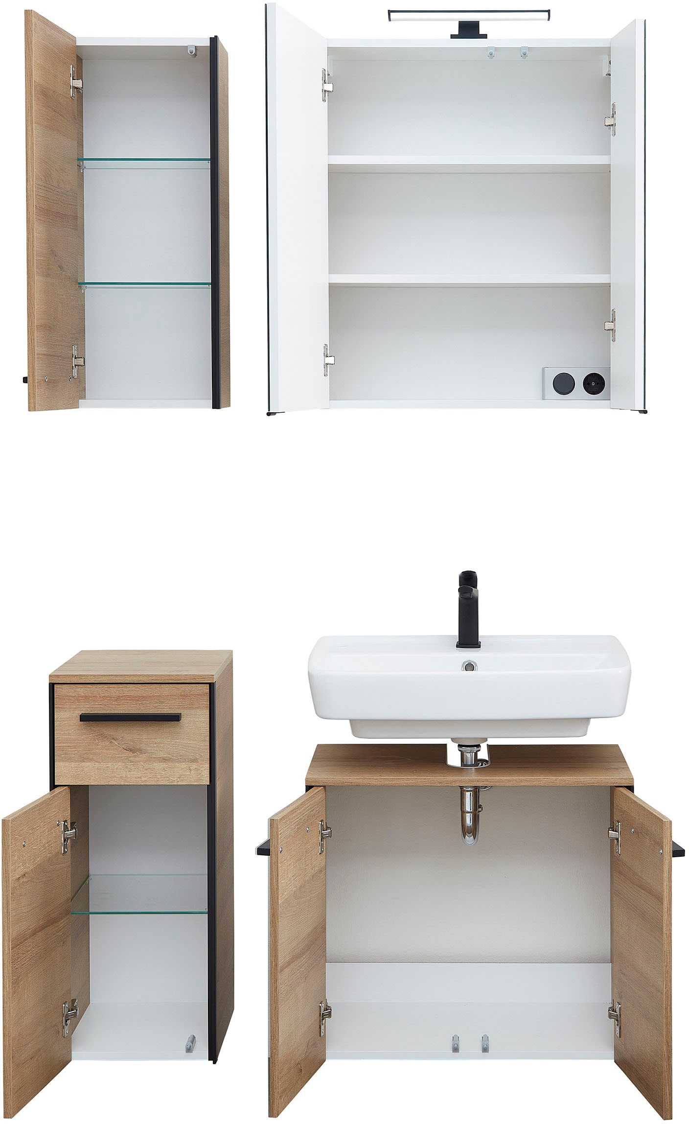 Saphir Badmöbel-Set »Quickset 395 4-teilig, Waschbeckenunterschrank mit LED-Spiegelschrank«, (4 St.), Unterschrank, Hängeschrank inkl. Türdämpfer, 6 Türen, 1 Schublade