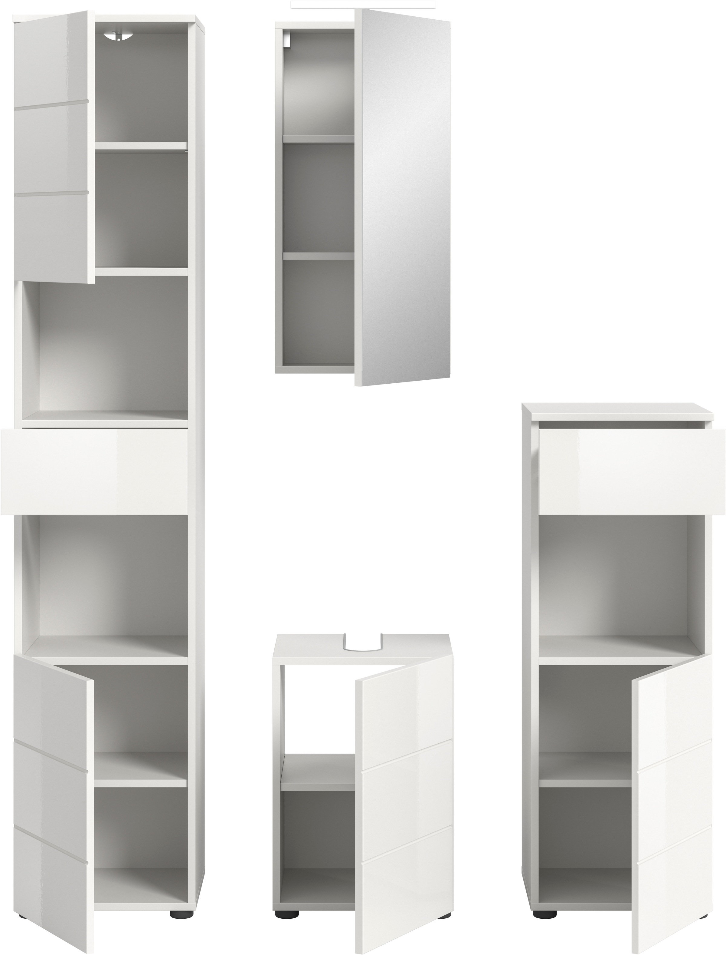 welltime Badmöbel-Set »Biel, Höhe 190 cm,Hochschrank,WBU, Spiegelschrank, Unterschrank, Lampe«, (5 St.), Bad Set, modern, Hoch-und Unterschrank, Spiegel, Aufsatzleuchte