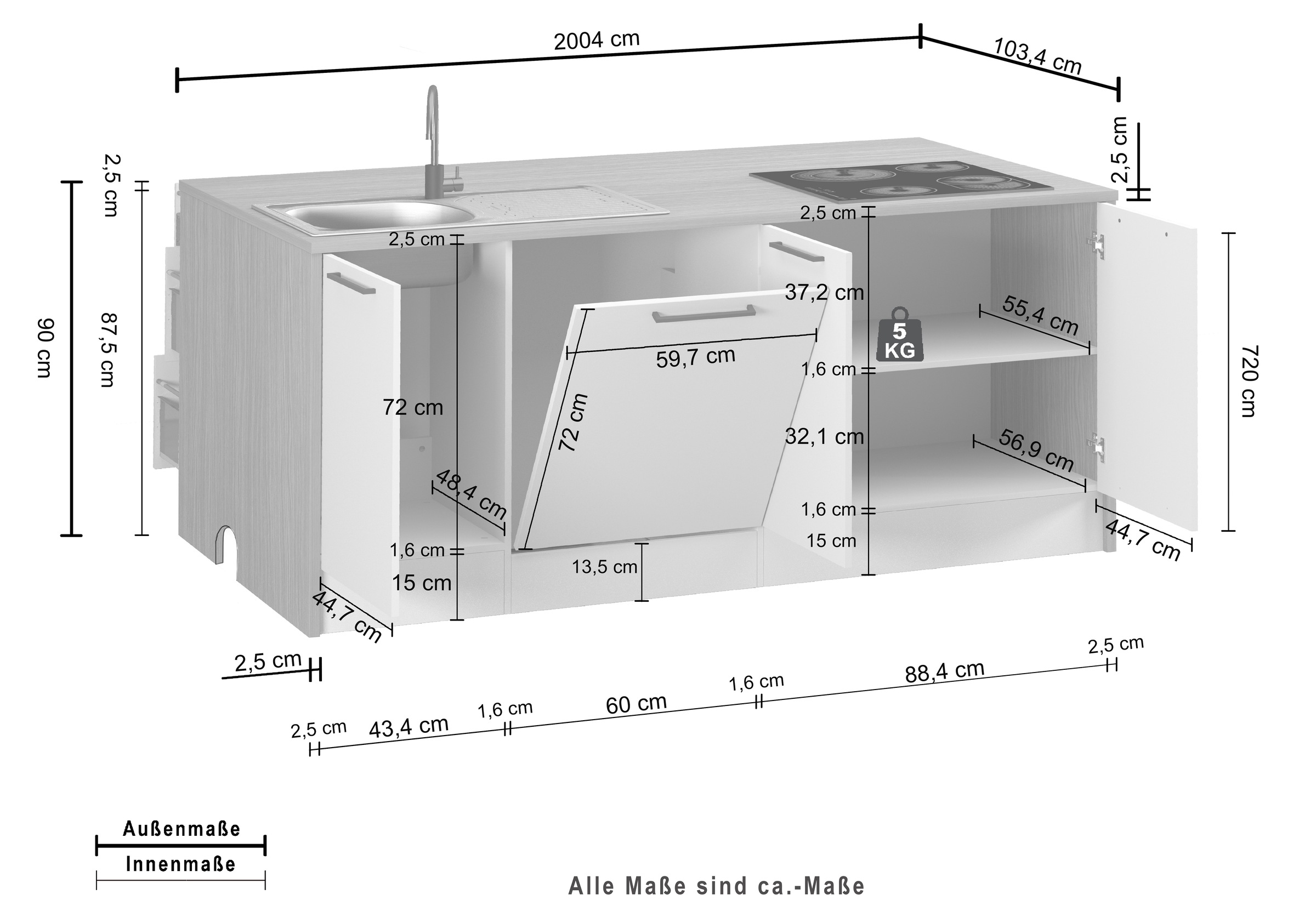 KOCHSTATION Kücheninsel »KS-Luna« Breite 200 cm, wahlweise mit Hanseatic-E-Geräten