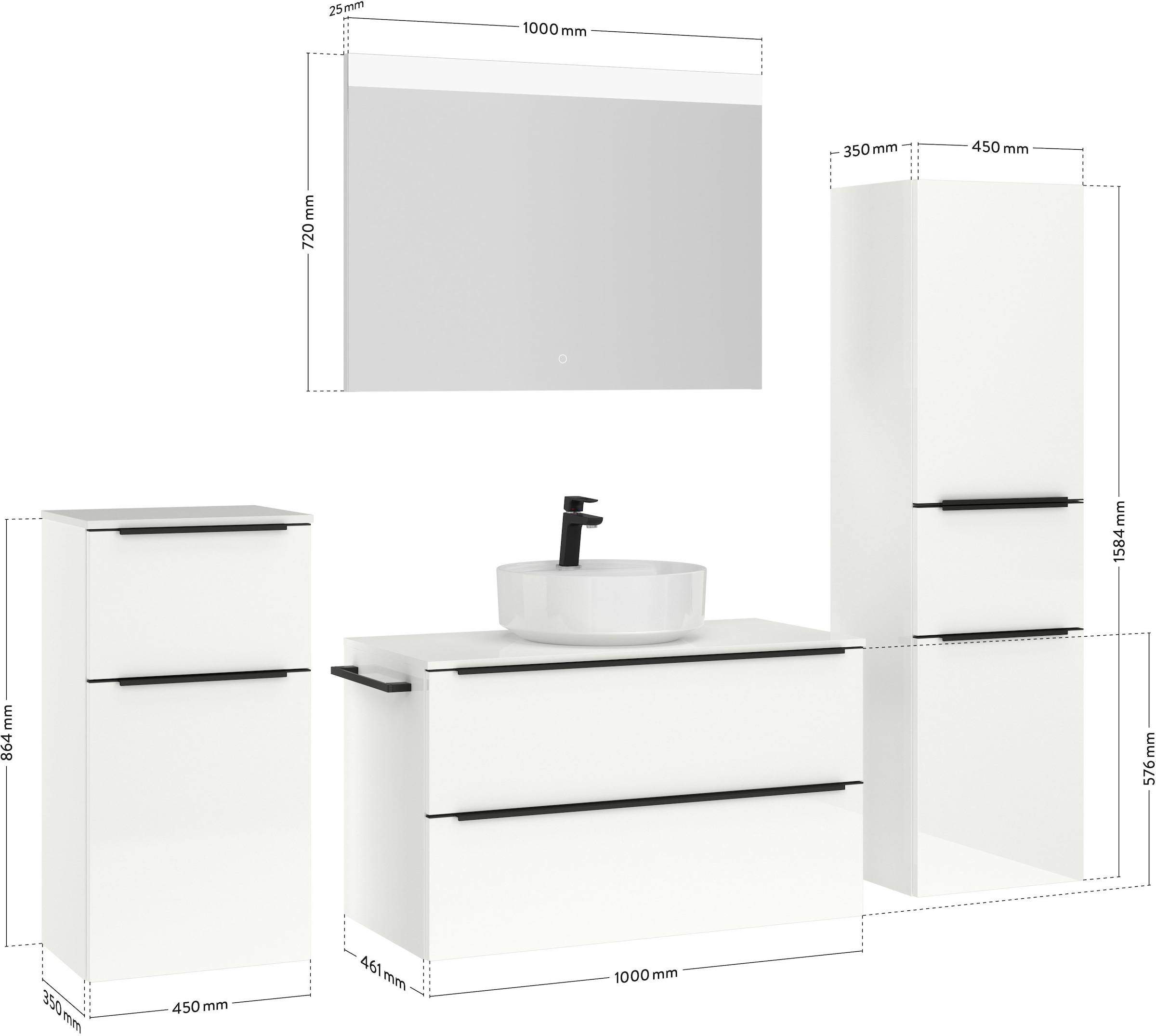 nobilia® Badmöbel-Set »Alvene«, (4 St., vormontiert, mit Soft-Close), Hochglanz, inkl. Spiegel mit Touch-Sensor, in vier Breiten