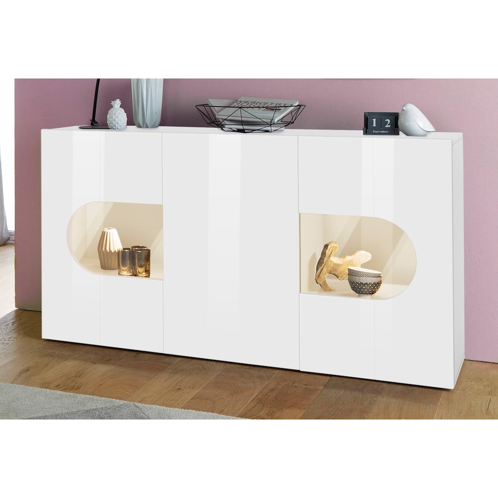 INOSIGN Sideboard »Real,Vitrine,Kommode,Schrank,Breite 150cm komplett hochglanz lackiert«, mit 3 Türen davon 2 Glastüren ohne Griff