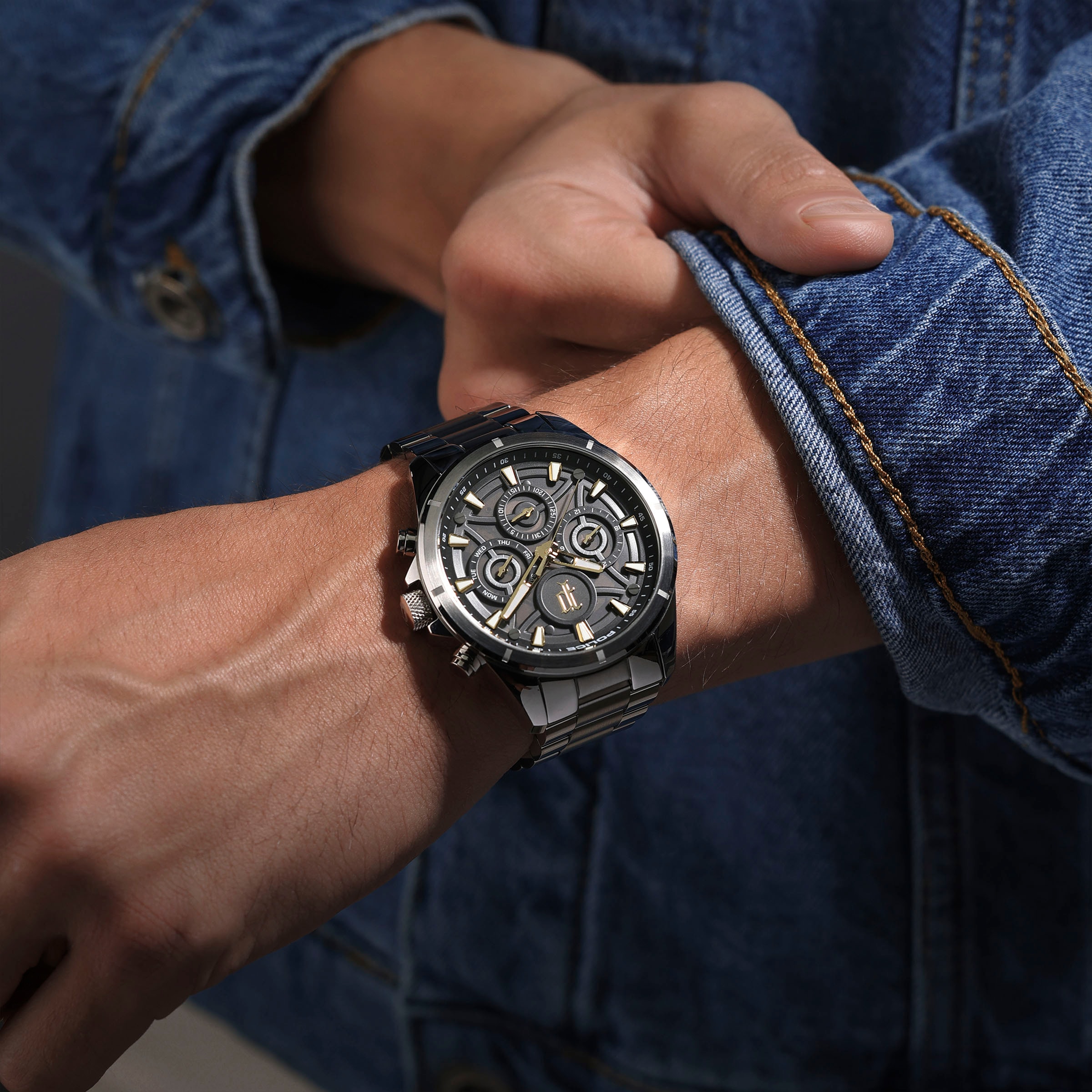 Police Multifunktionsuhr »DEFENDER«, Quarzuhr, Armbanduhr, Herrenuhr, Edelstahlarmband, analog