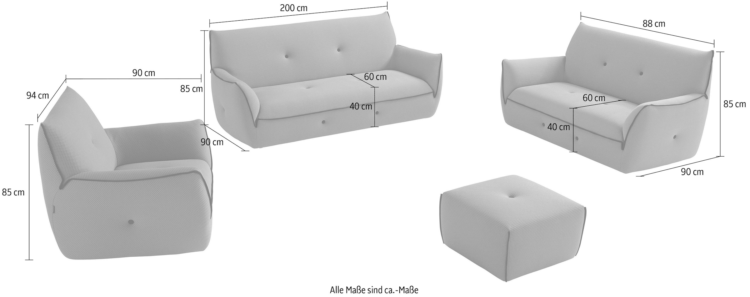 Egoitaliano Polstergarnitur »Yuki« Set, bestehend aus einem 2,5- und einem 2-Sitzer, Sessel und Hocker