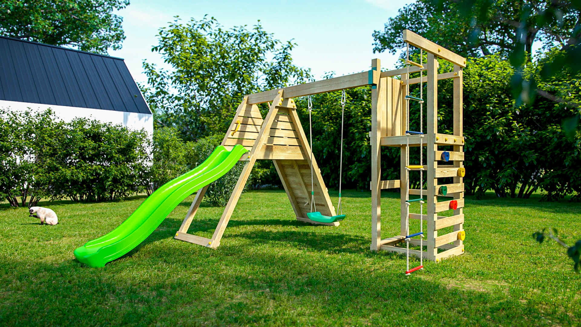 FUNGOO Spielturm »Climber, Klettergerüste m Rutsche, Kletterbrücke, -leiter u. Schaukel«, Made in Europe