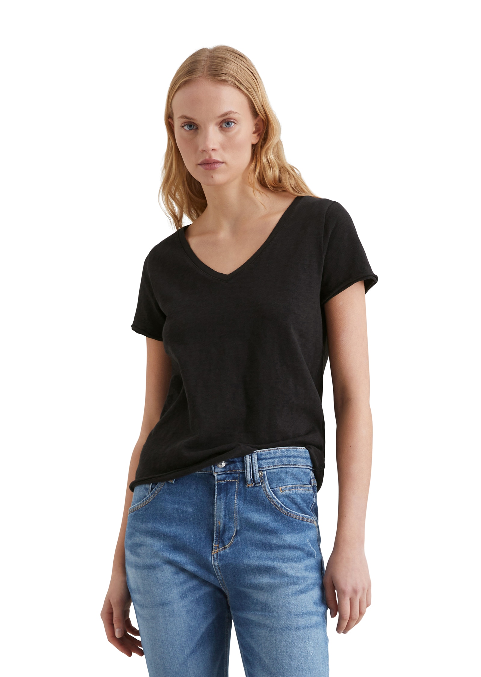 Marc O'Polo DENIM T-Shirt mit  abgerundetem V-Neck