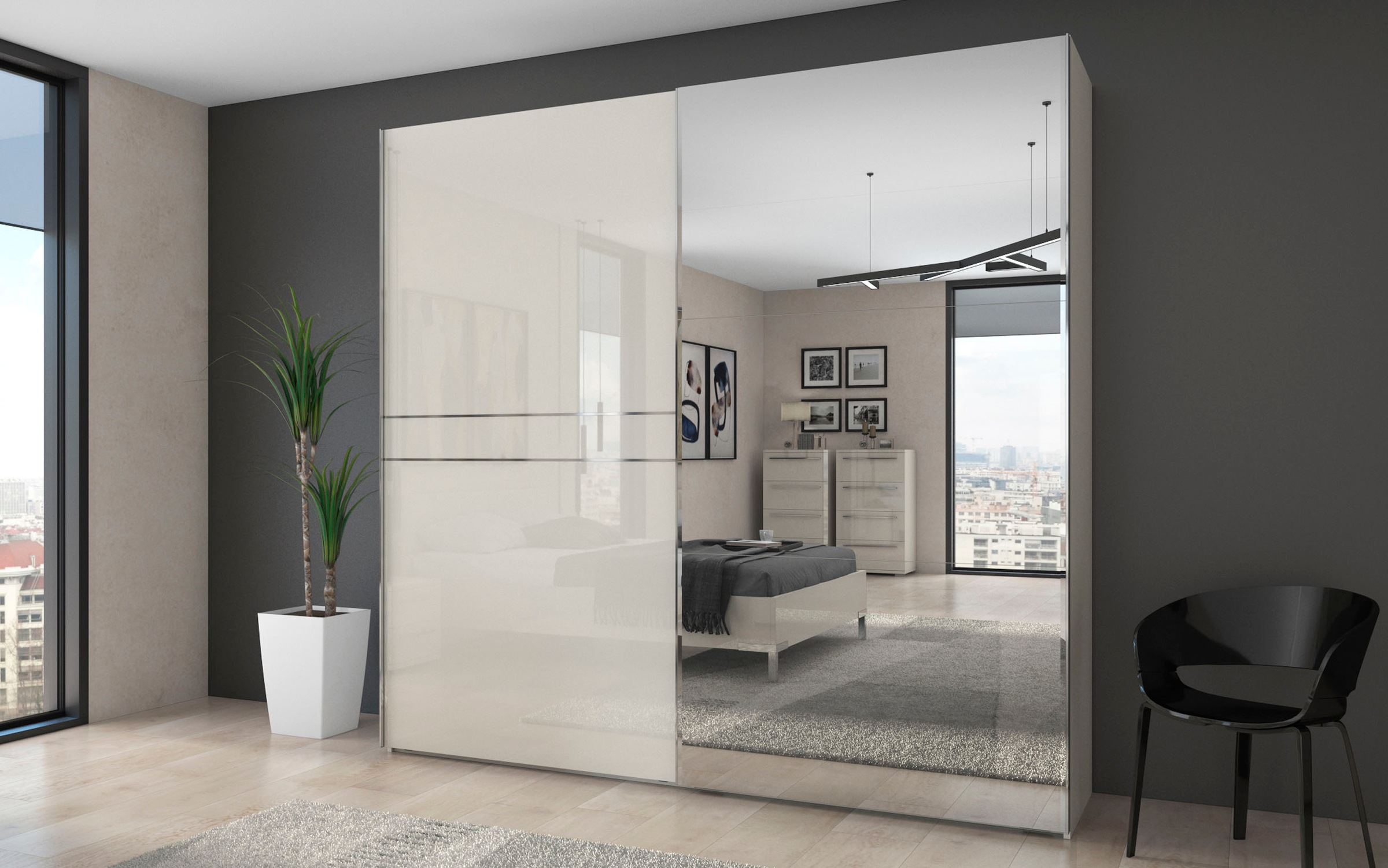 Places of Style Schwebetürenschrank »Piano, mit Einlegeböden und Kleiderstangen, Türen soft-close-Funktion«, (in 3 Breiten, 224cm hoch), mit Spiegeltür, FSC-zertifizierter Holzwerkstoff
